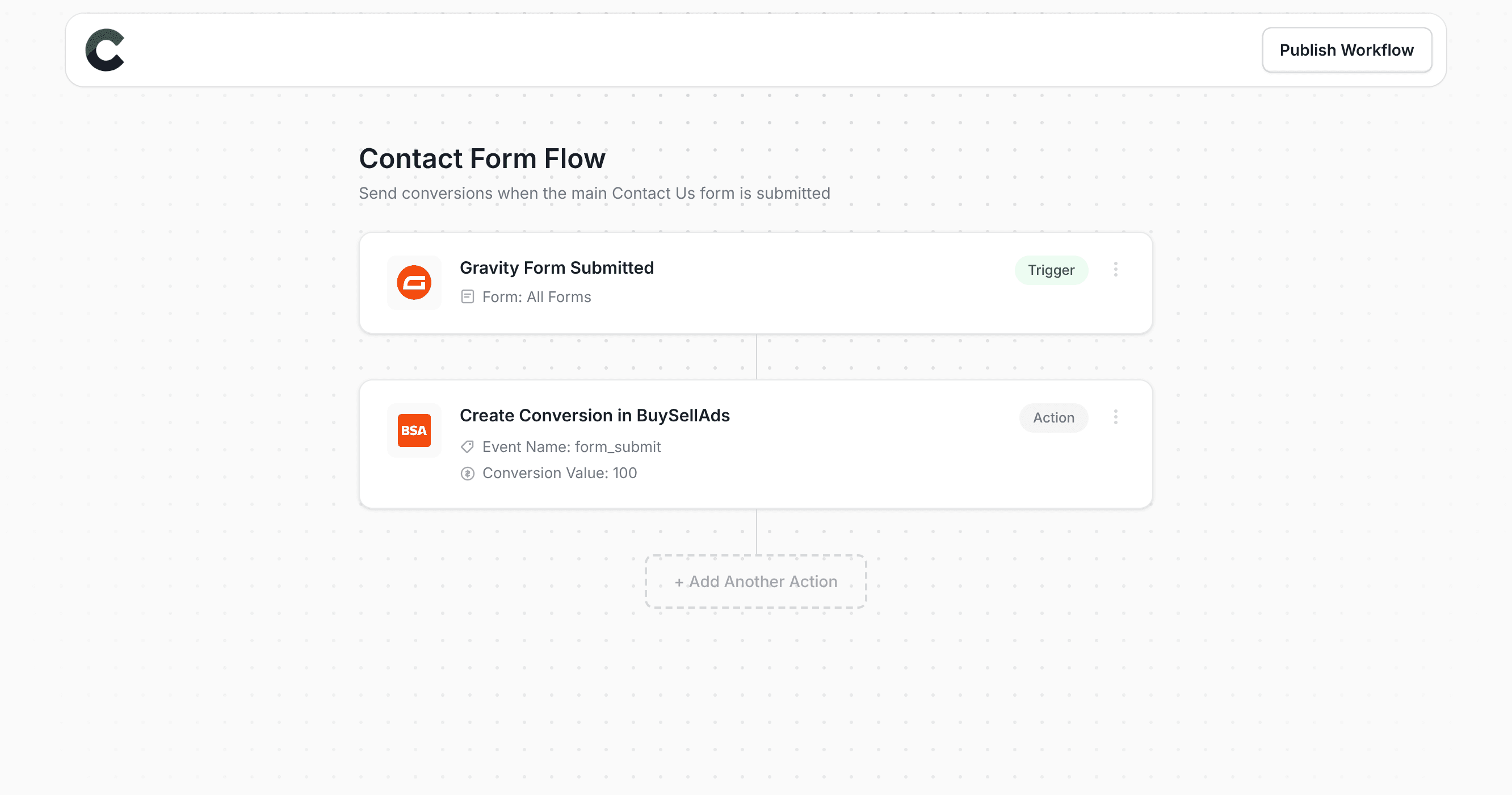 Converly workflow builder showing conversions being sent to BuySellAds