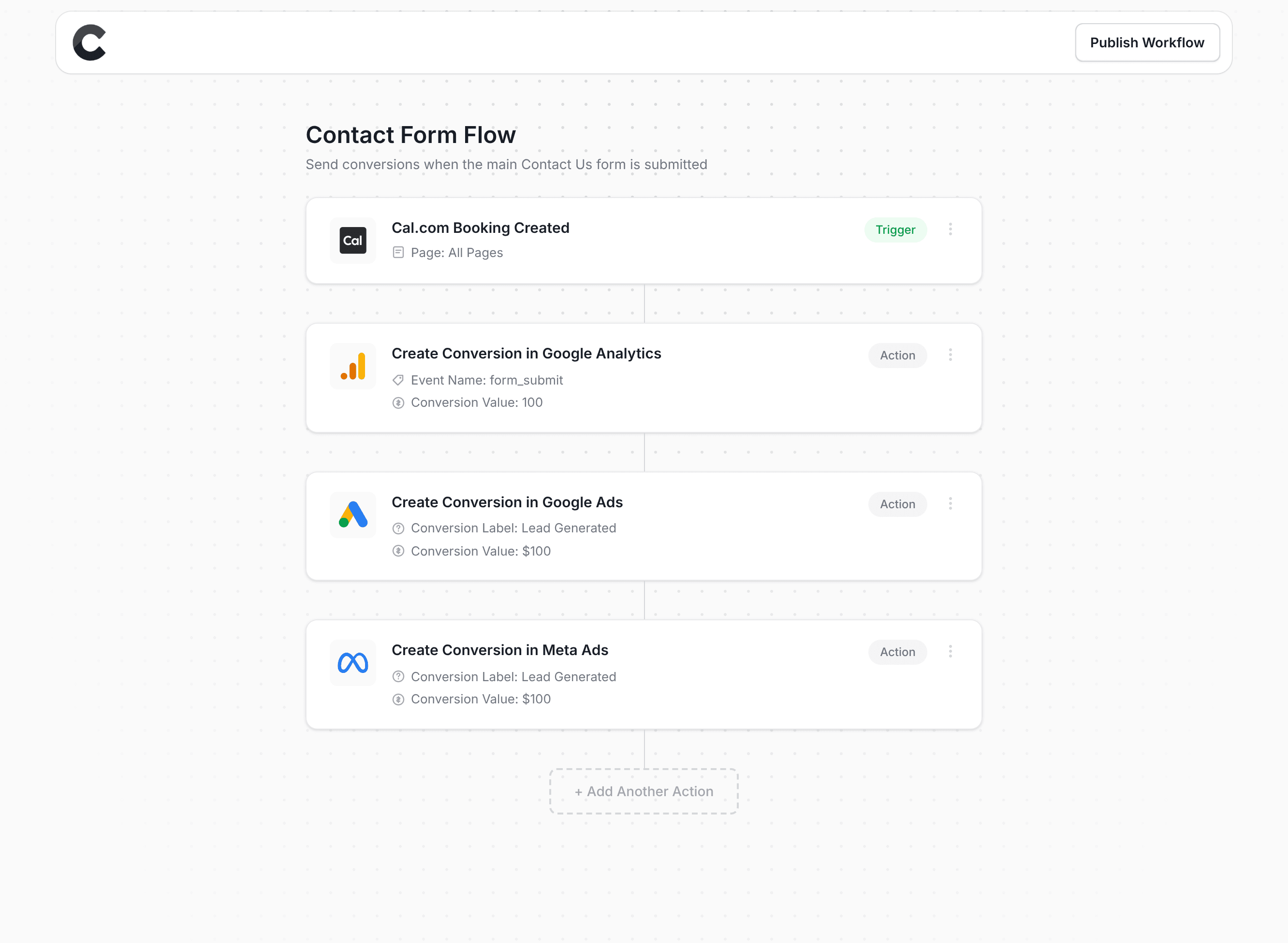 Converly workflow builder showing Cal.com integration