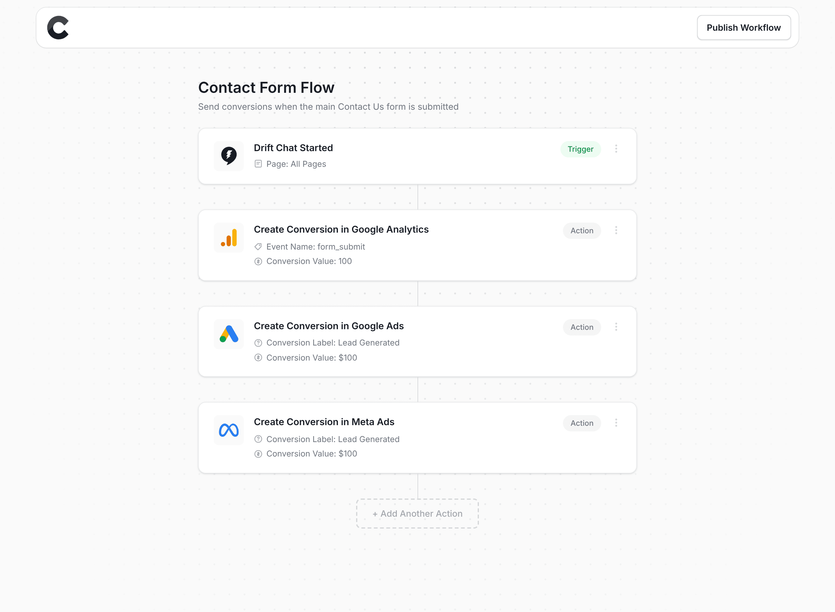 Converly workflow builder showing Drift integration