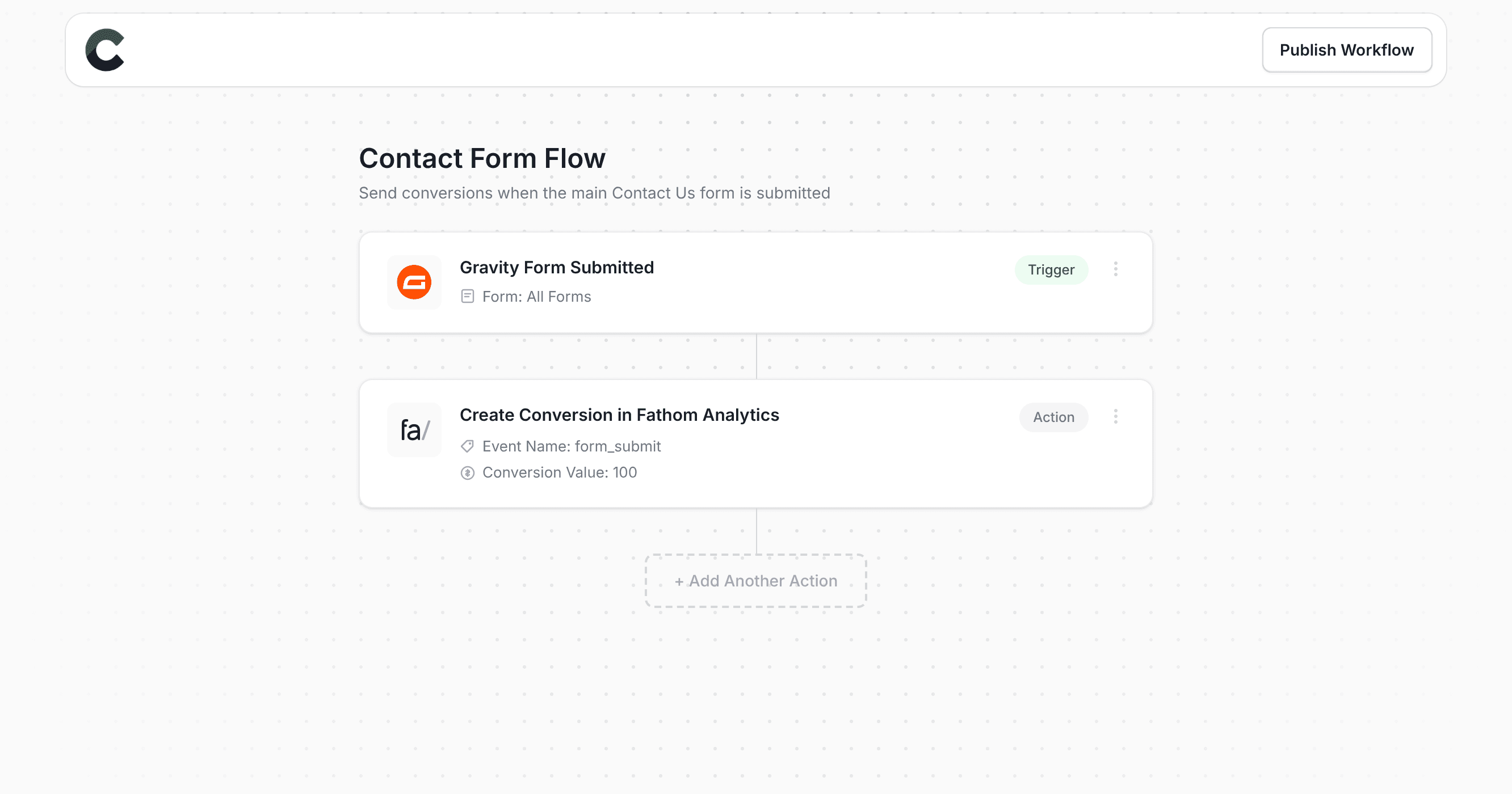 Converly workflow builder showing conversions being sent to Fathom Analytics