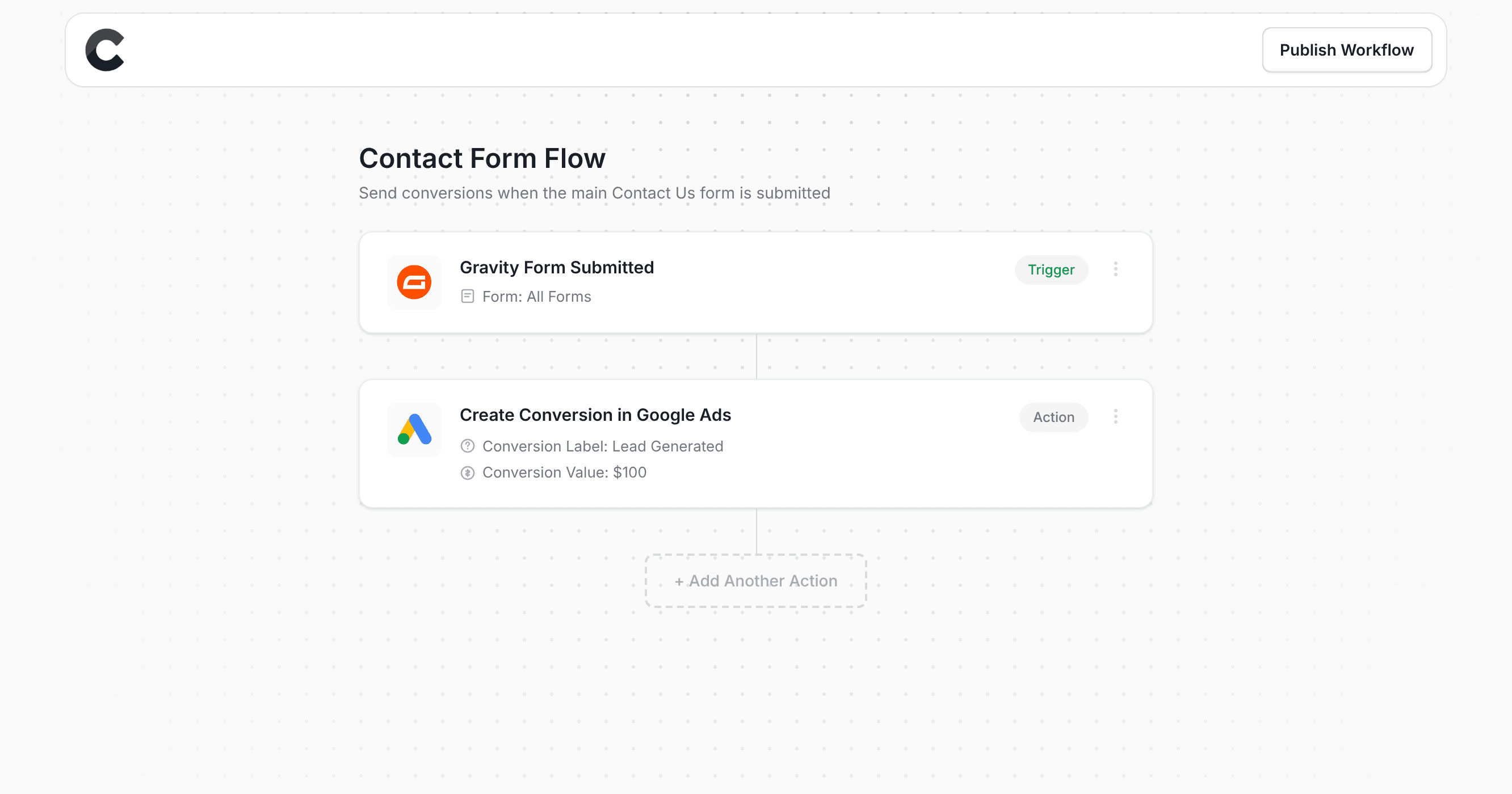 Converly workflow builder showing conversions being sent to Google Ads