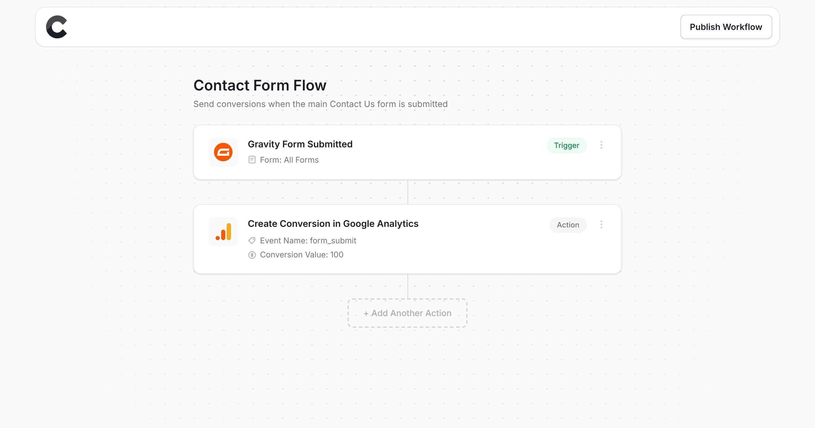Converly workflow builder showing conversions being sent to Google Analytics