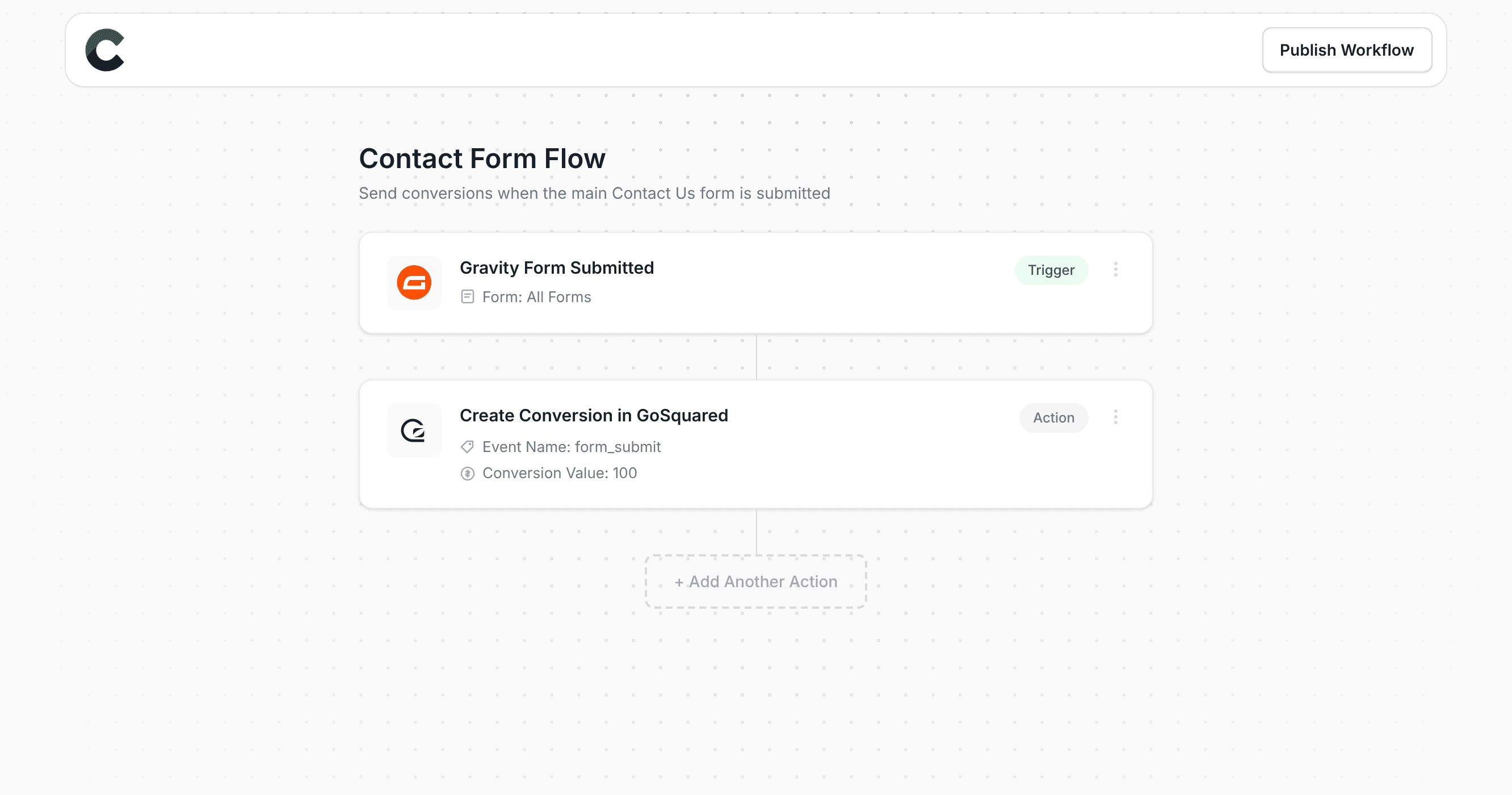 Converly workflow builder showing conversions being sent to GoSquared
