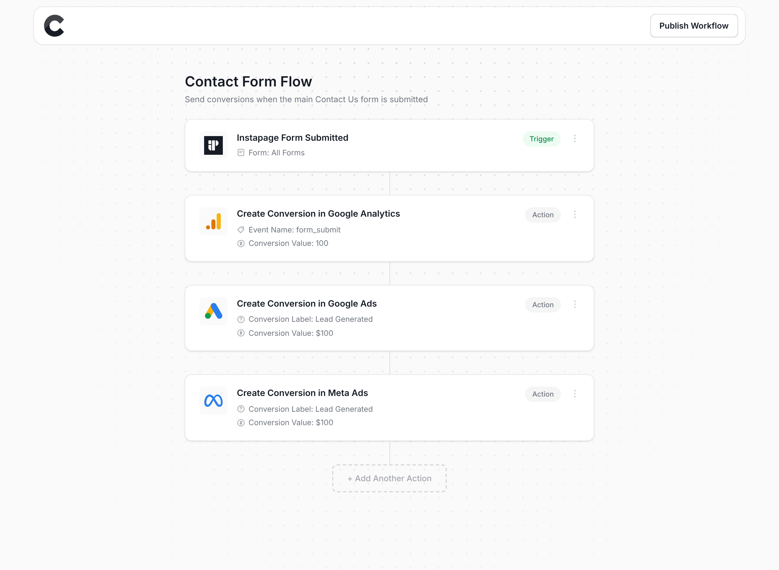 Converly workflow builder showing Instapage integration