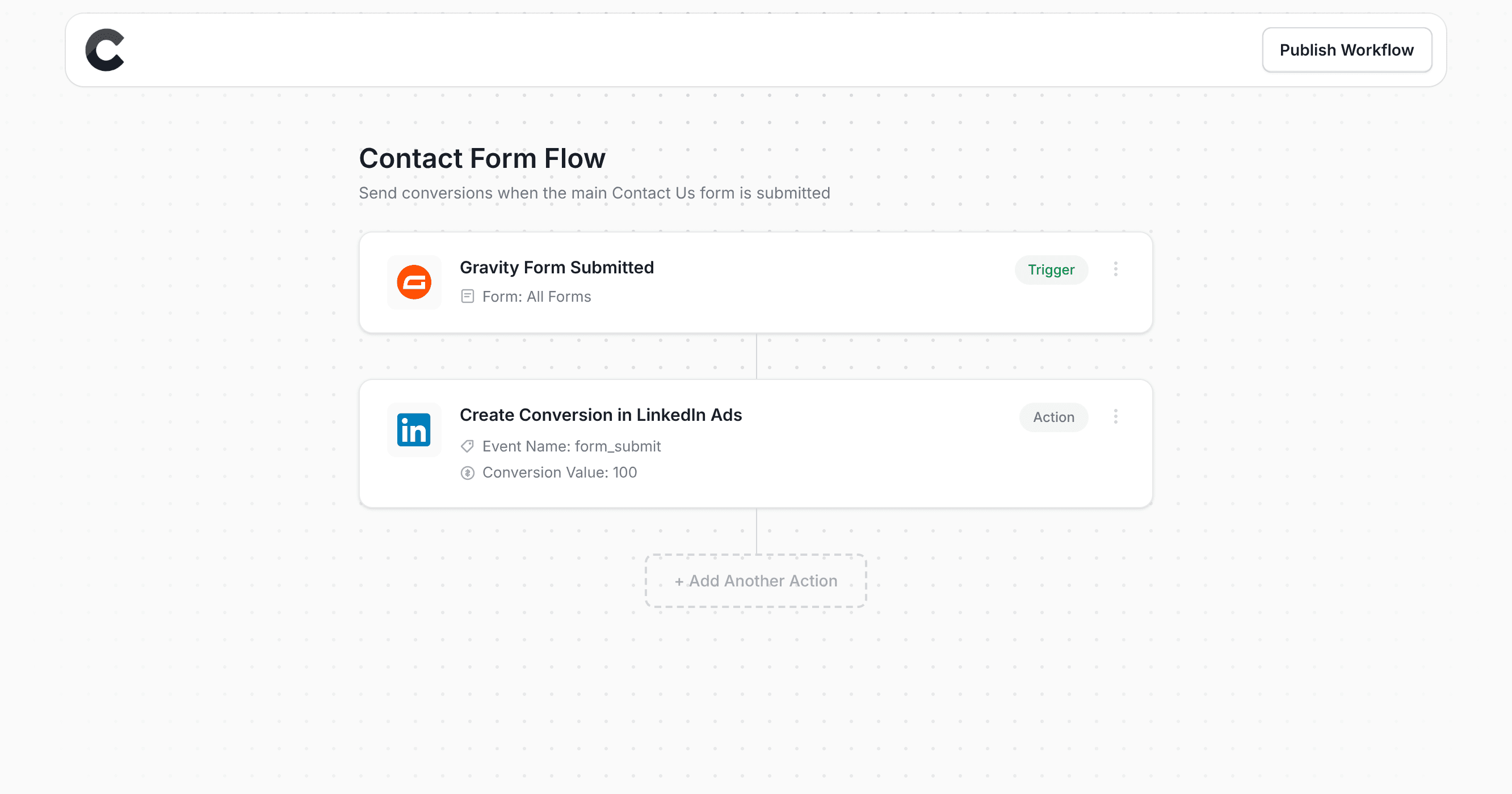 Converly workflow builder showing conversions being sent to LinkedIn Ads