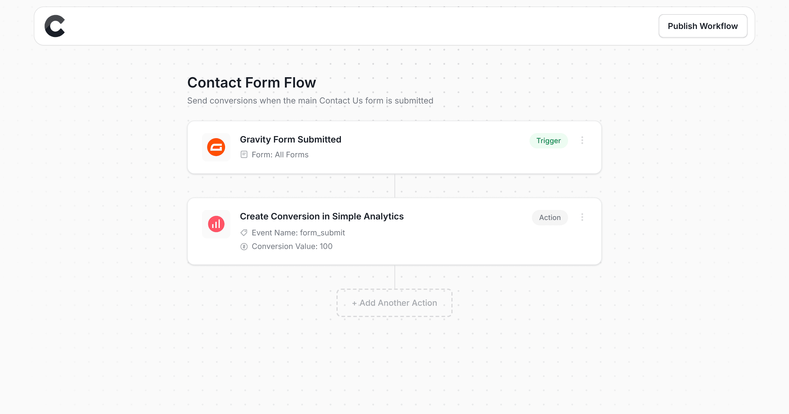 Converly workflow builder showing conversions being sent to Simple Analytics
