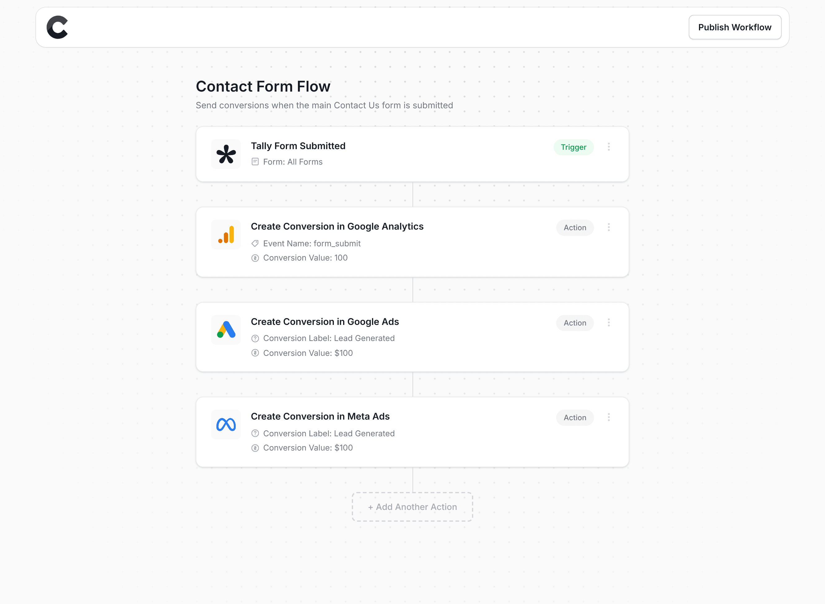 Converly workflow builder showing Tally Forms integration