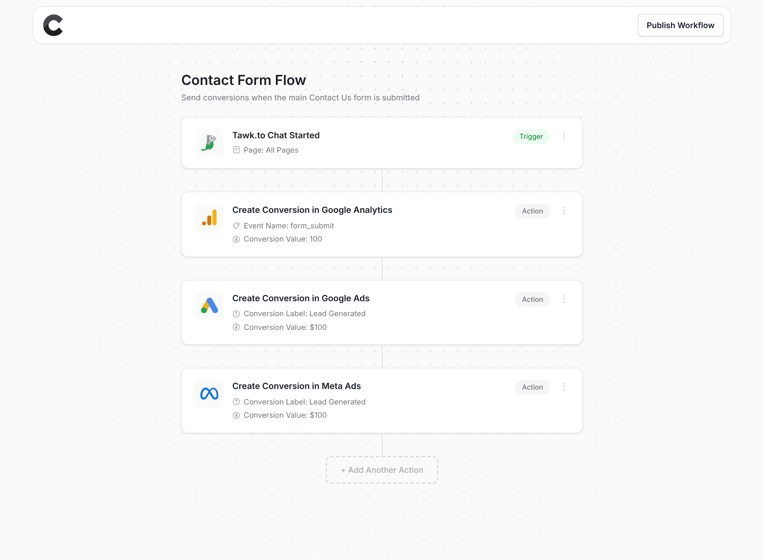 Converly workflow builder showing Tawk.to integration