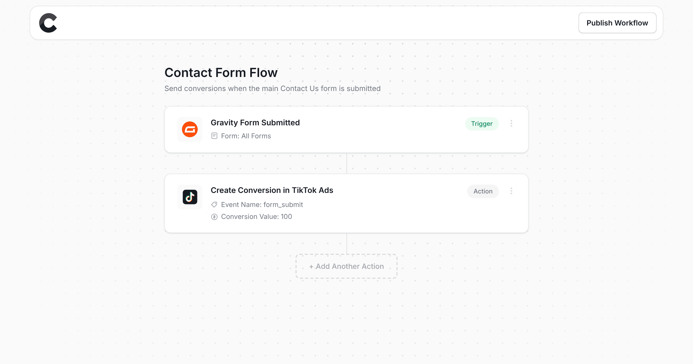 Converly workflow builder showing conversions being sent to TikTok Ads