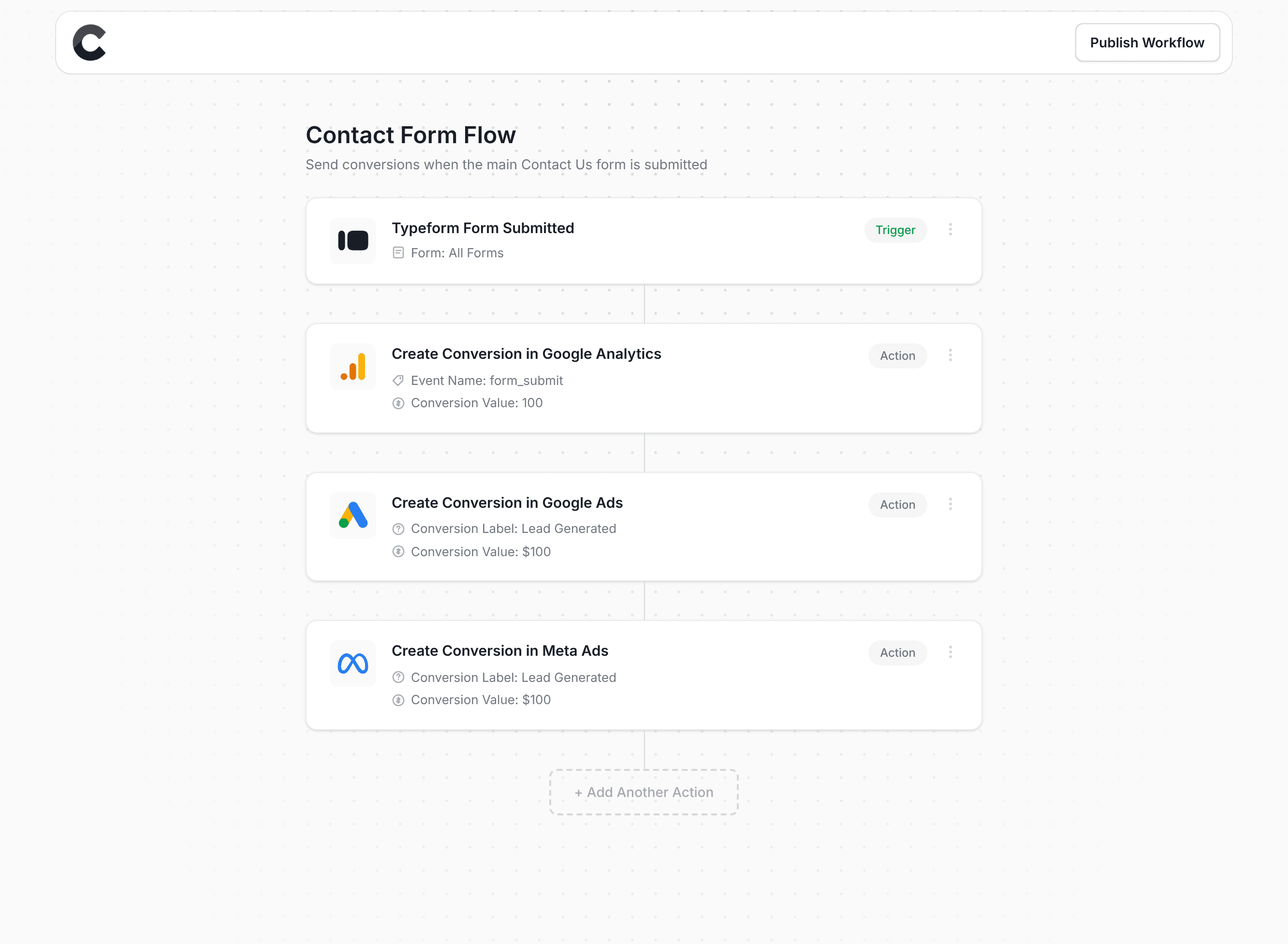 Converly workflow builder showing Typeform integration