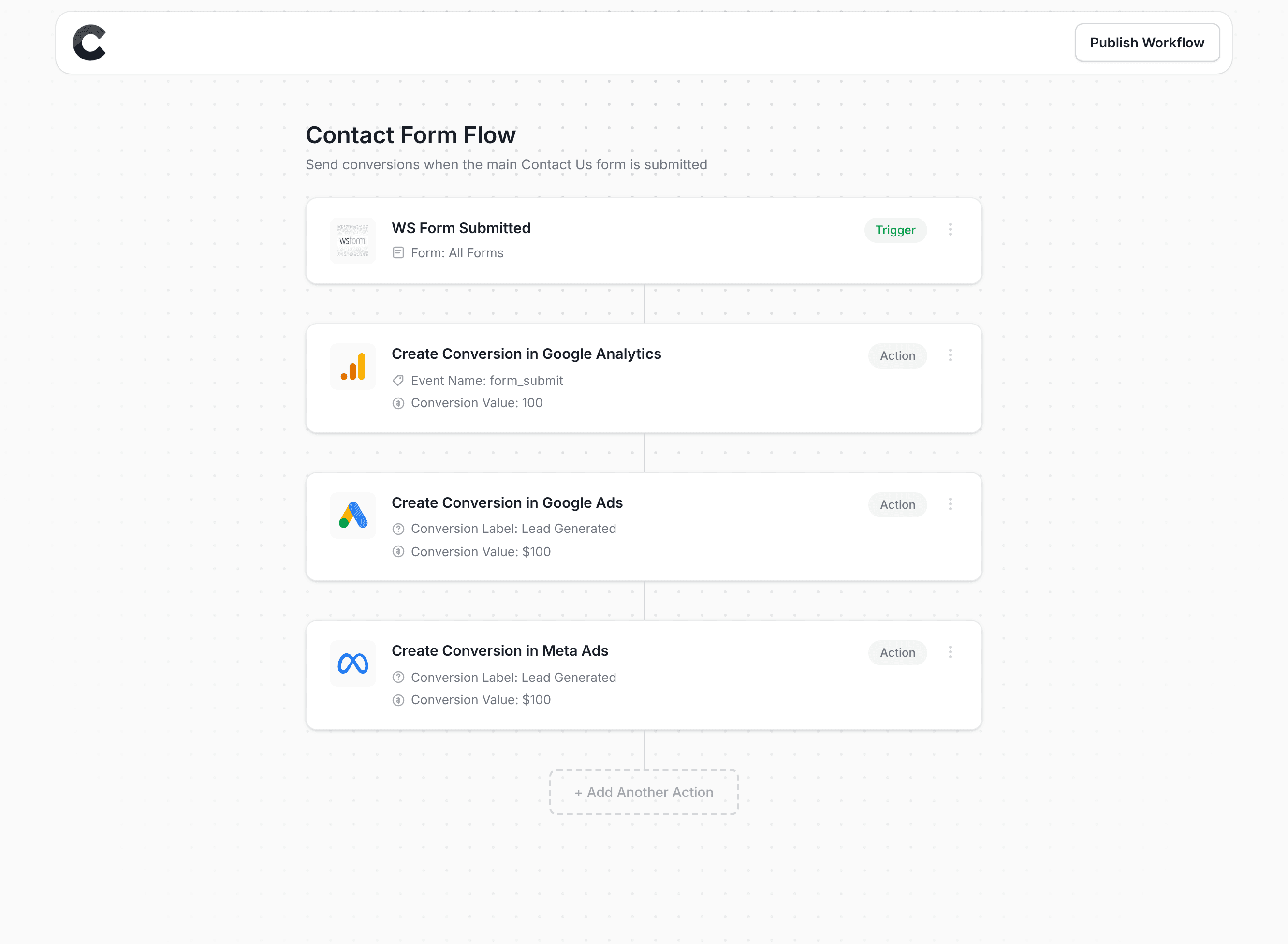 Converly workflow builder showing WS Form integration
