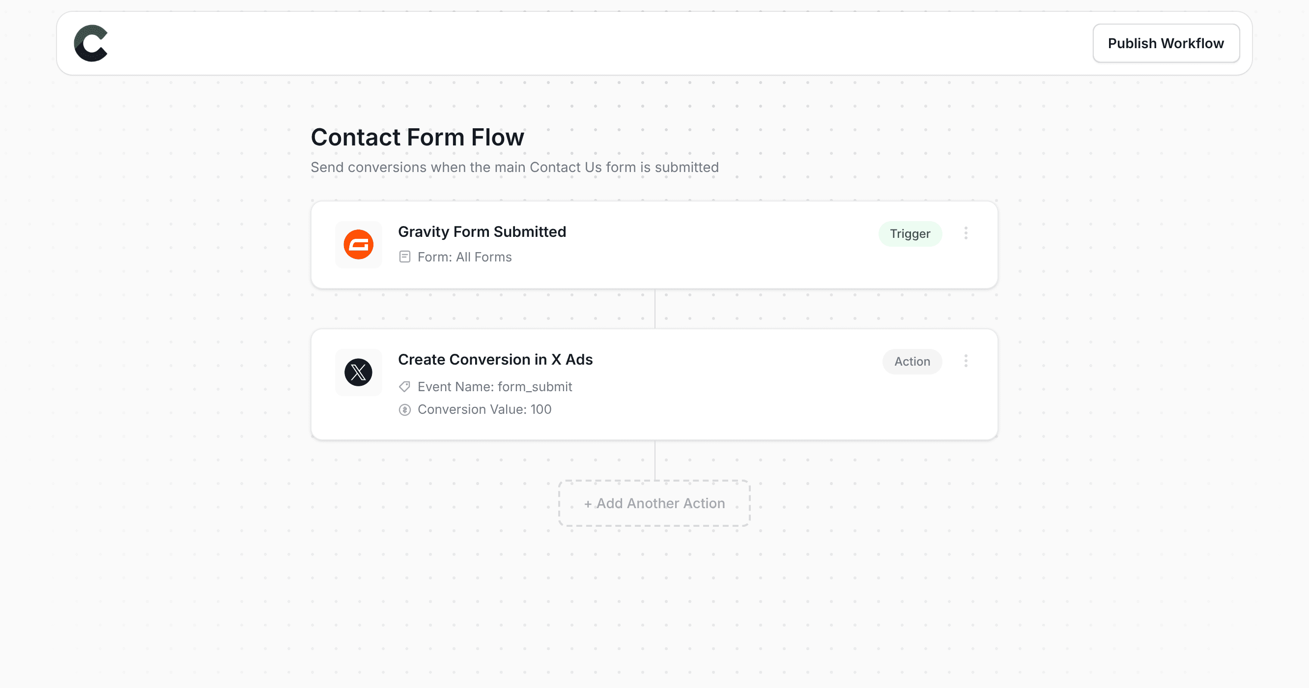 Converly workflow builder showing conversions being sent to X Ads