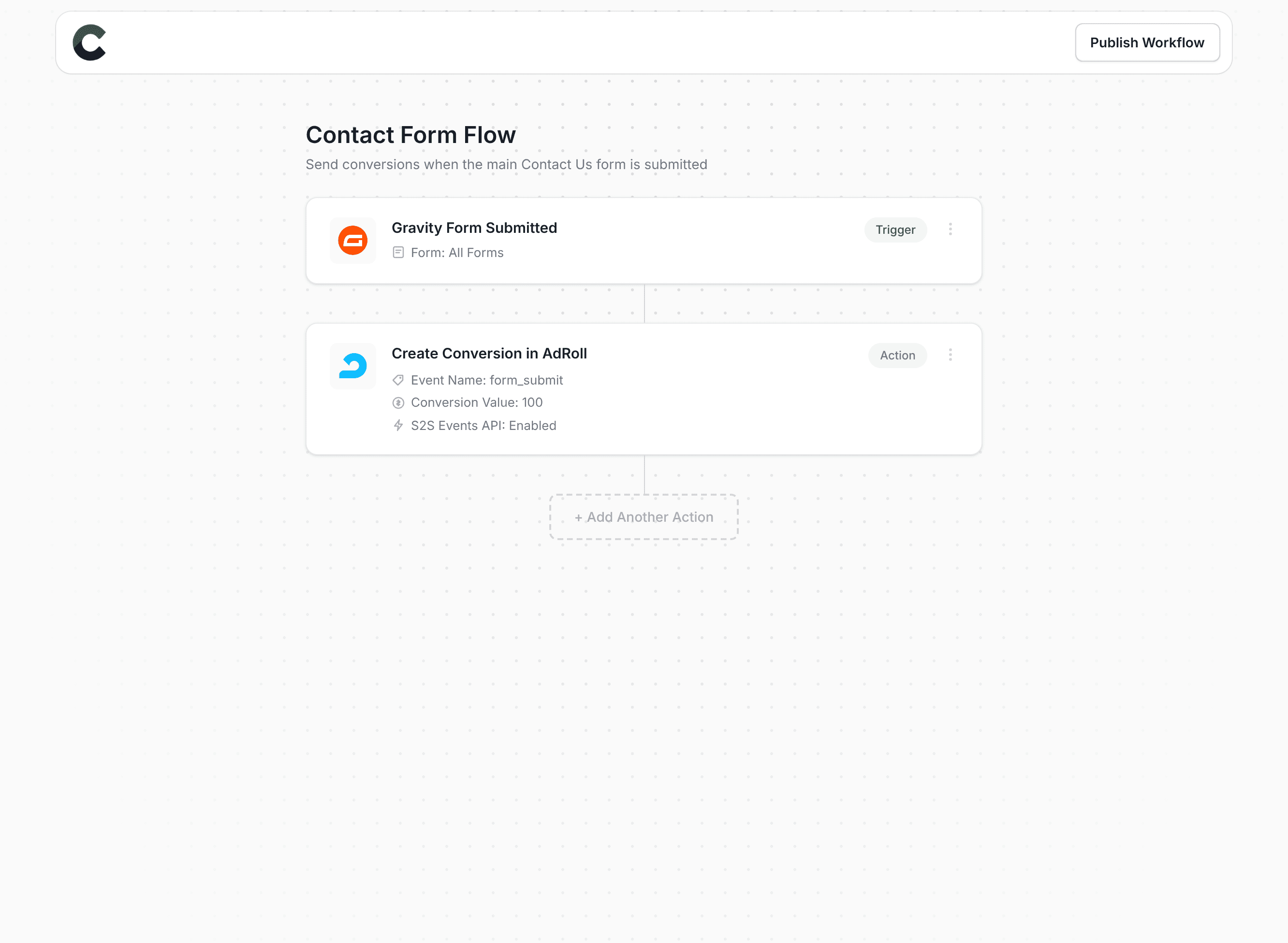 Converly workflow builder showing Adroll integration
