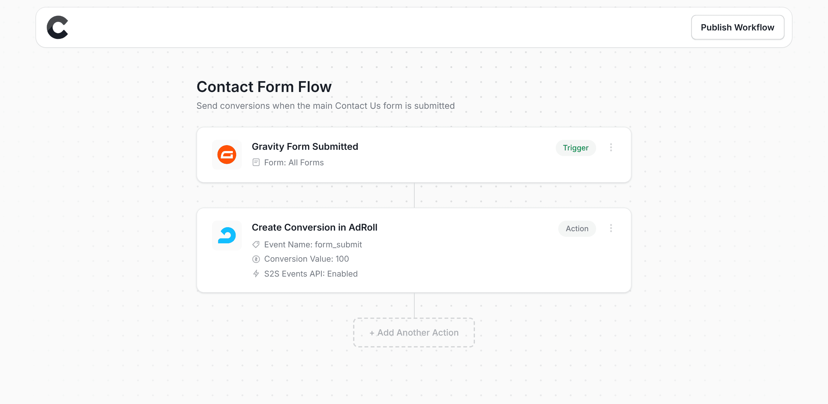 Converly workflow builder showing conversions being sent to Adroll