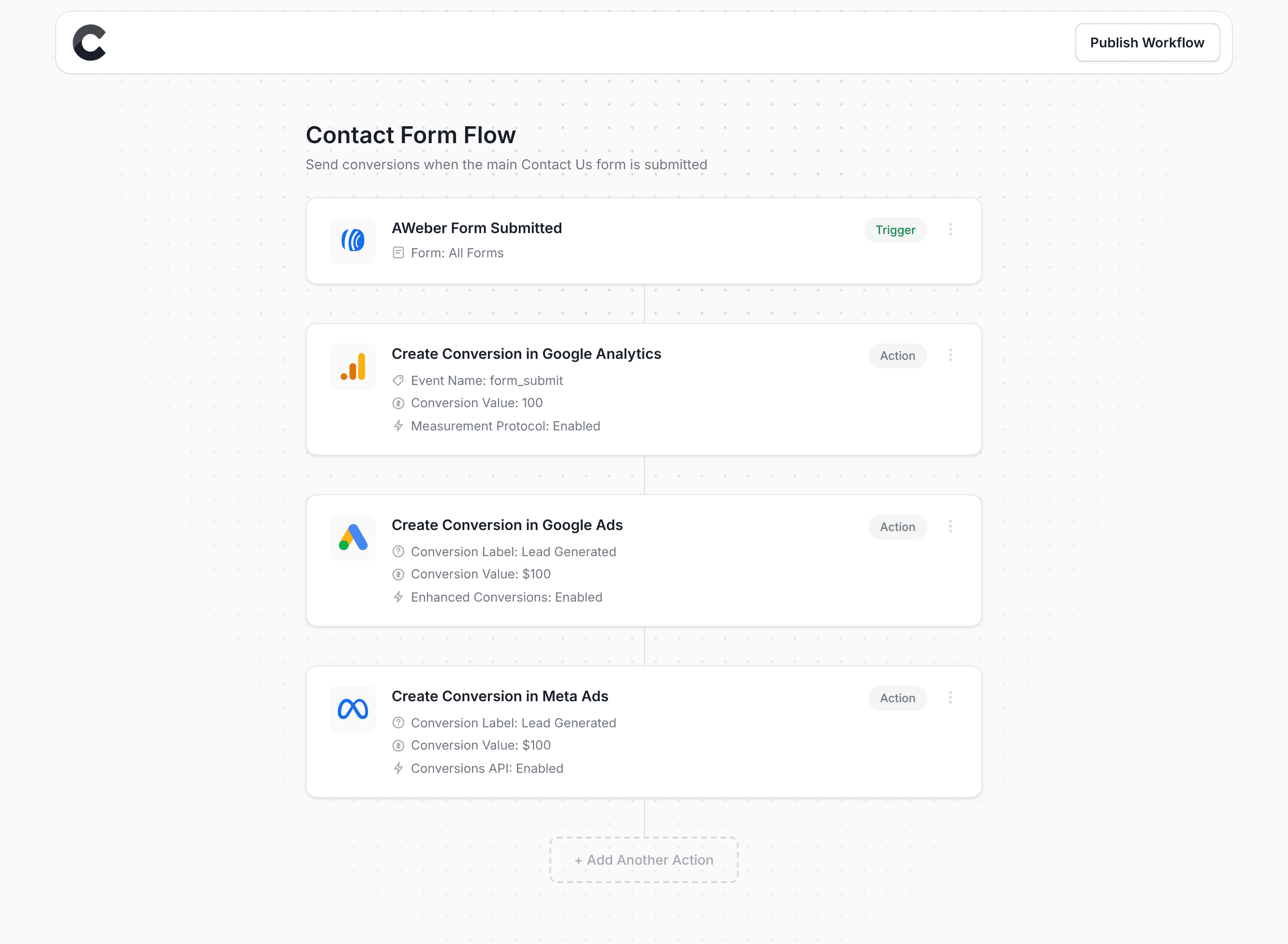 Converly workflow builder showing AWeber integration