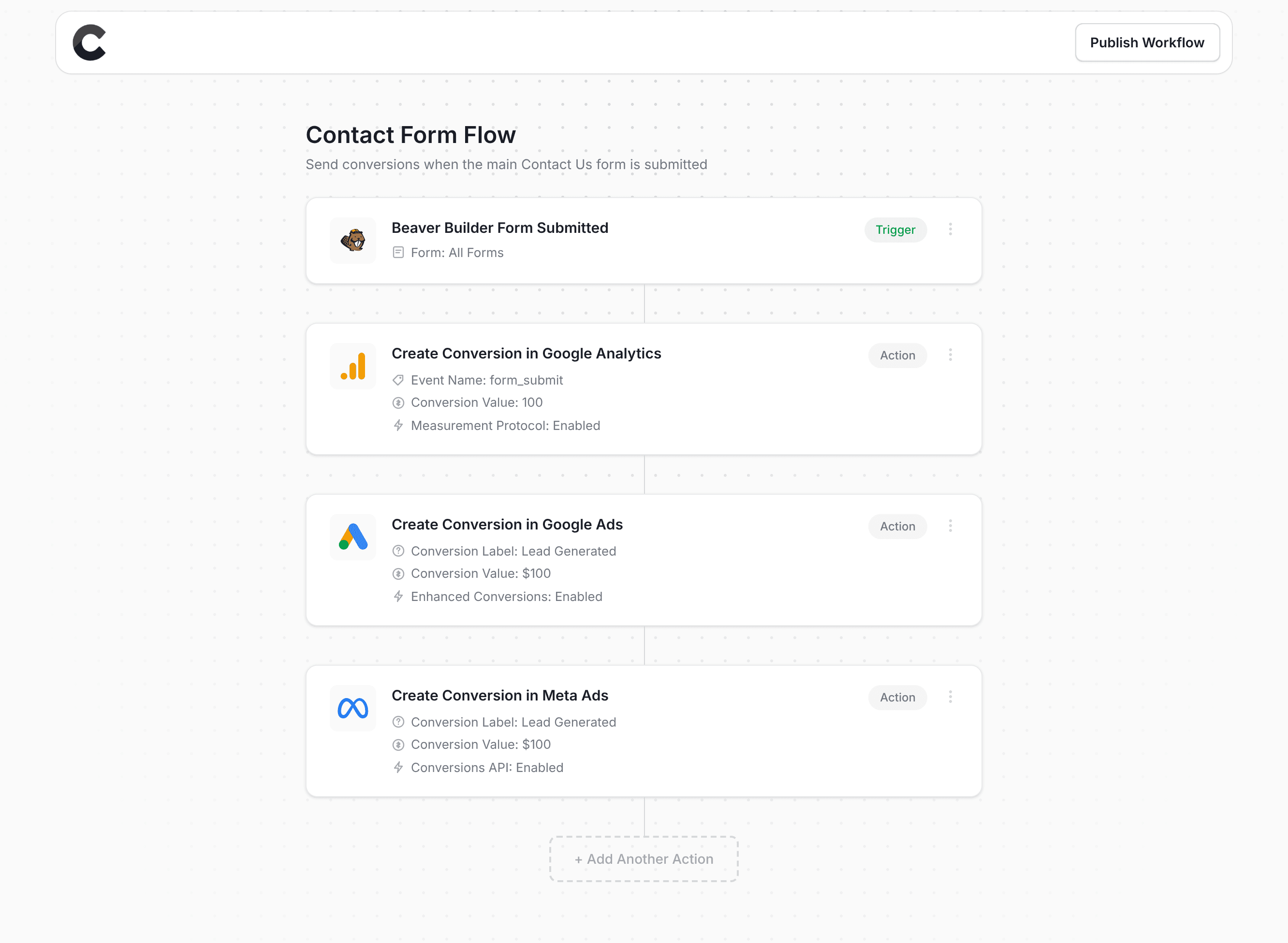 Converly workflow builder showing Beaver Builder integration
