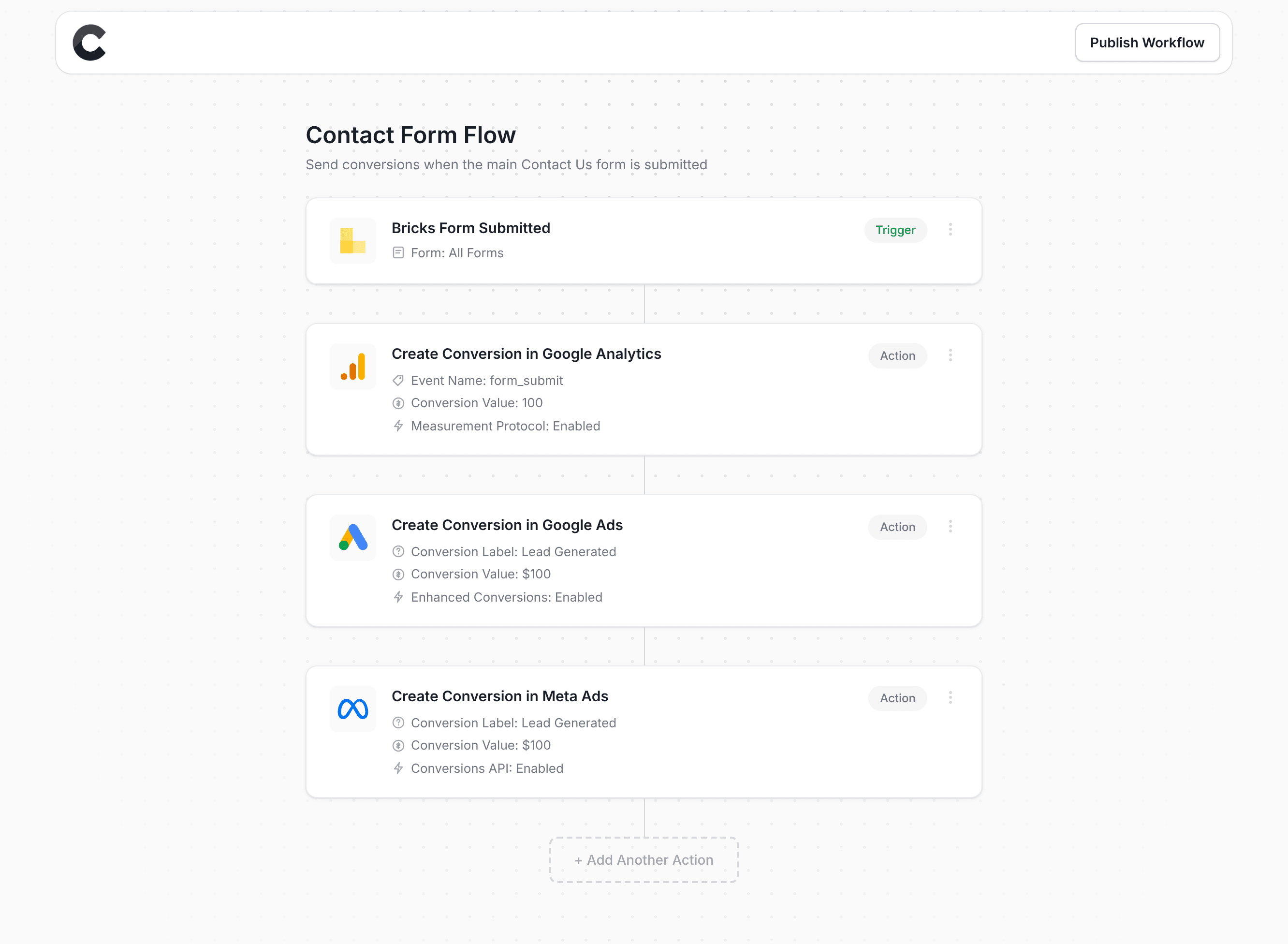 Converly workflow builder showing Bricks integration
