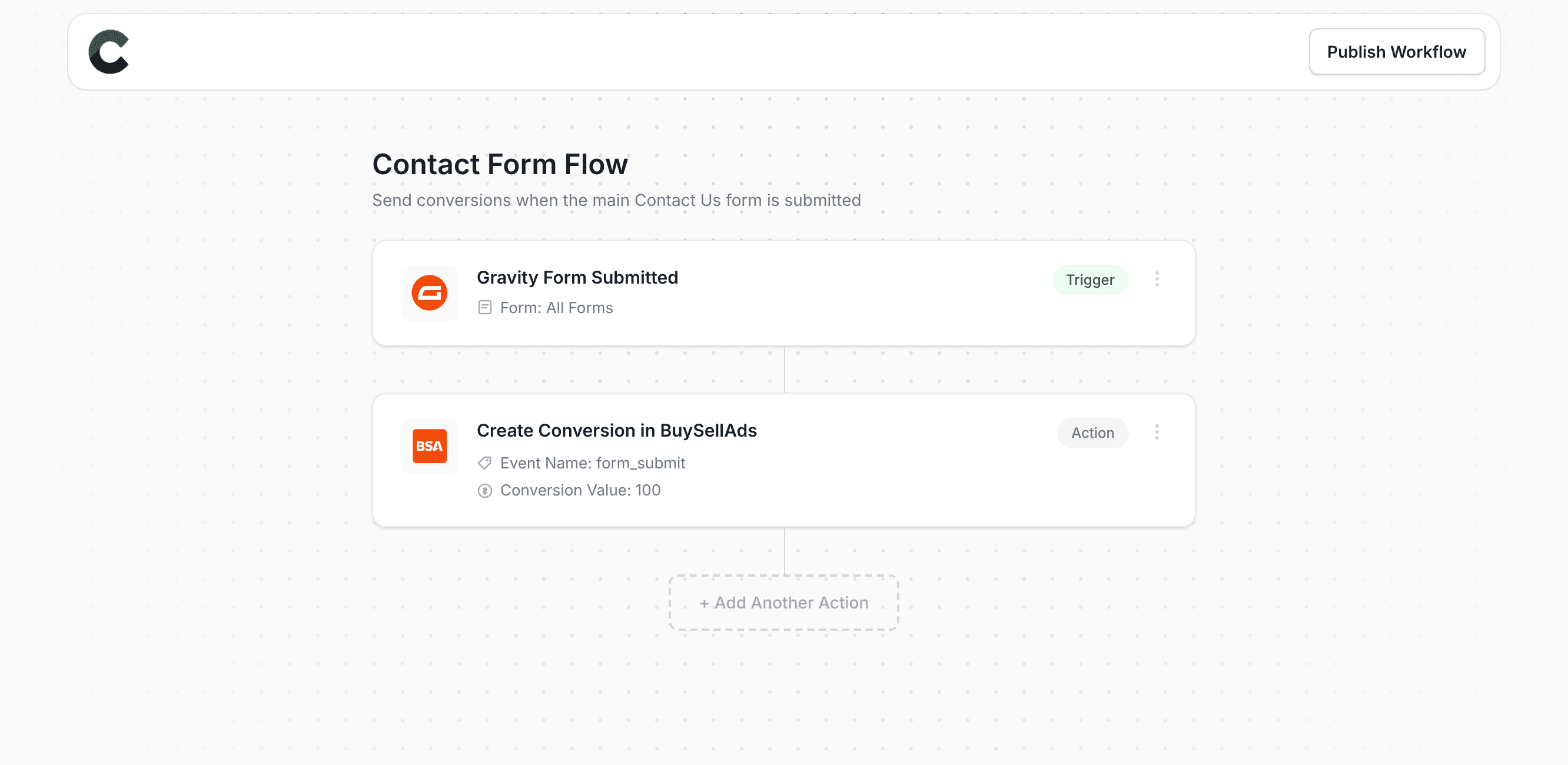Converly workflow builder showing conversions being sent to BuySellAds