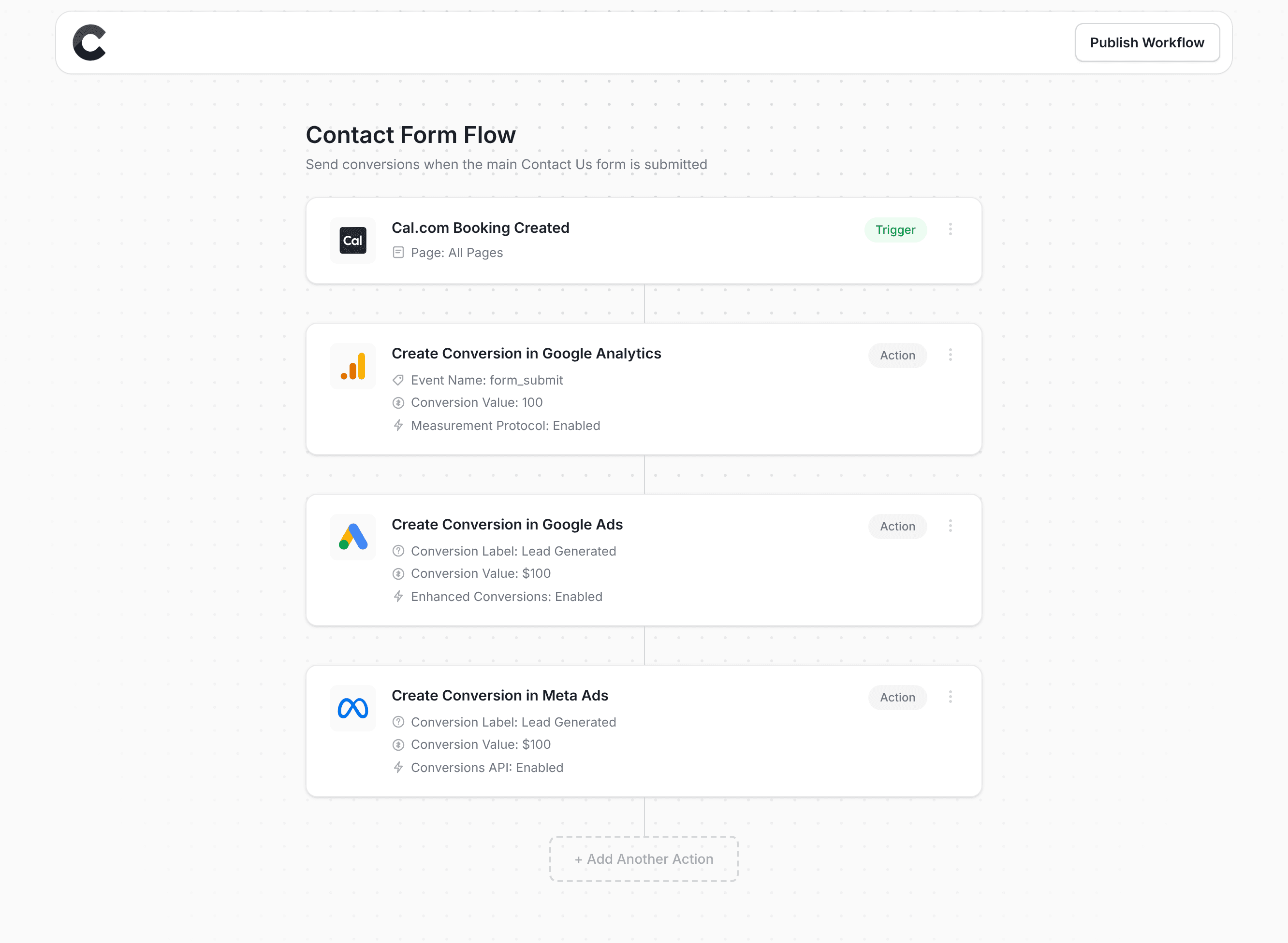 Converly workflow builder showing Cal.com integration
