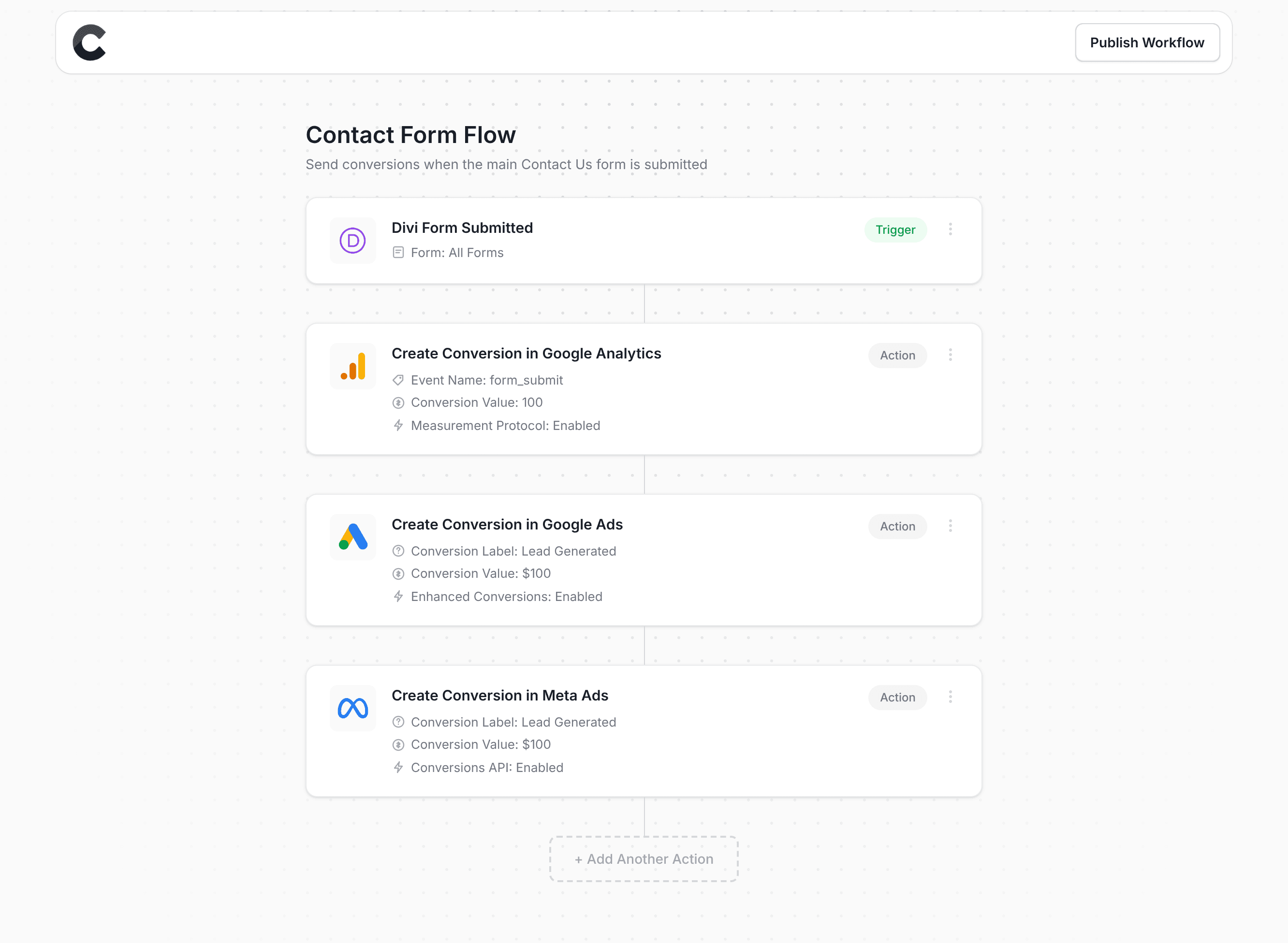 Converly workflow builder showing Divi integration