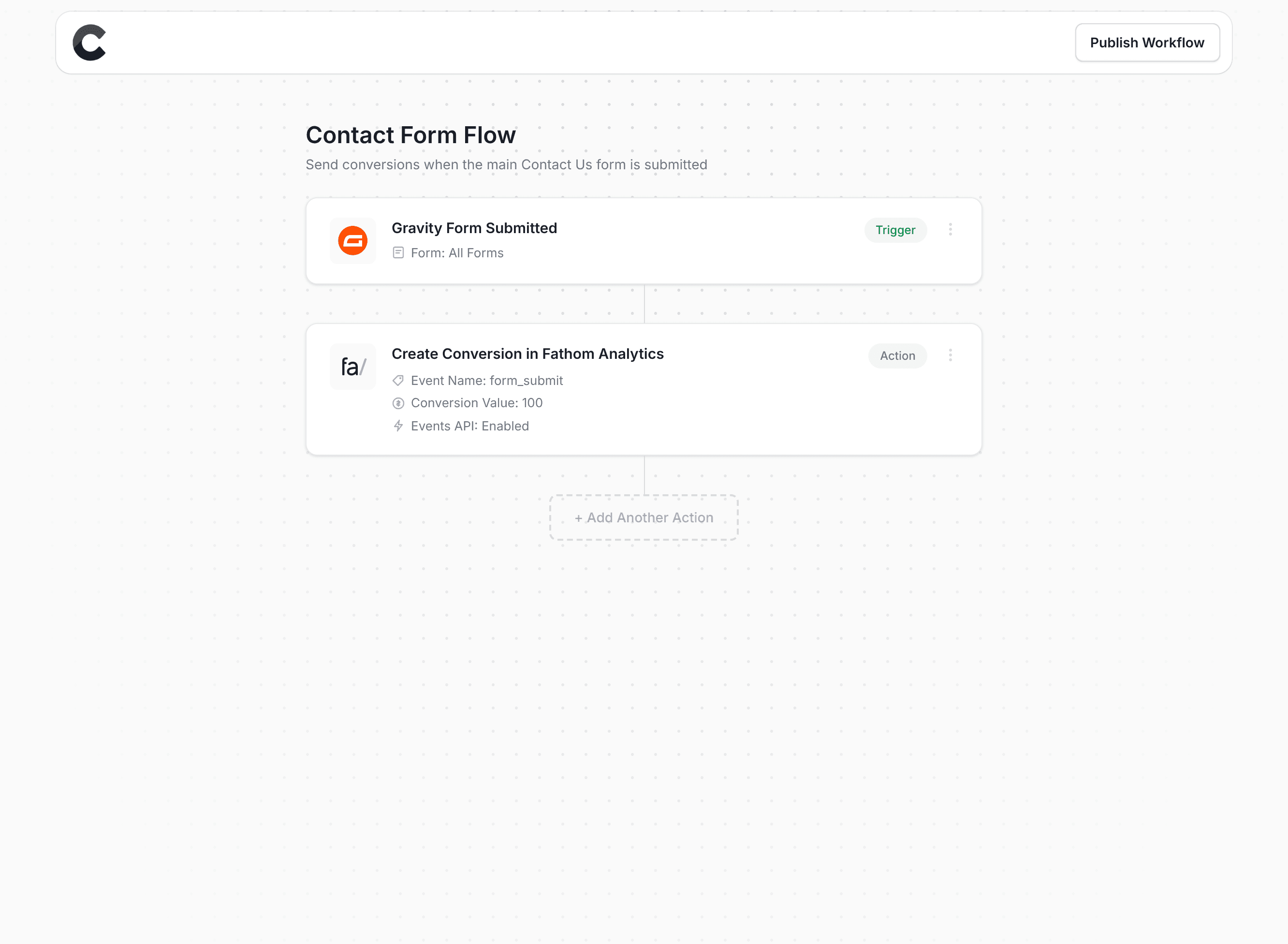 Converly workflow builder showing Fathom Analytics integration