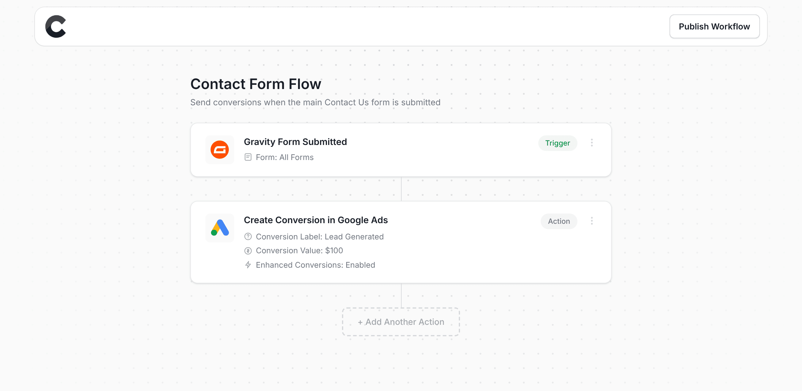 Converly workflow builder showing conversions being sent to Google Ads