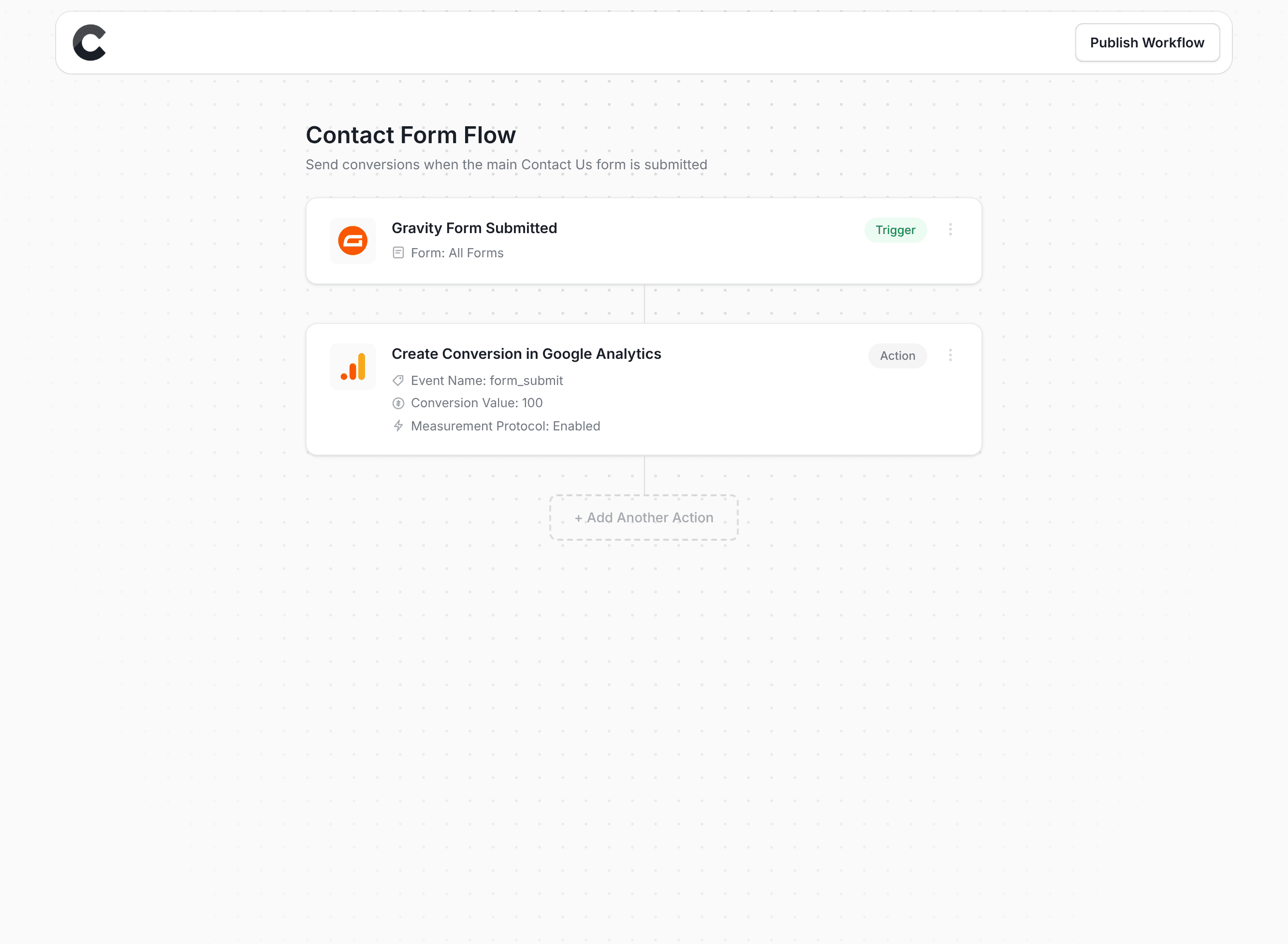 Converly workflow builder showing Google Analytics integration