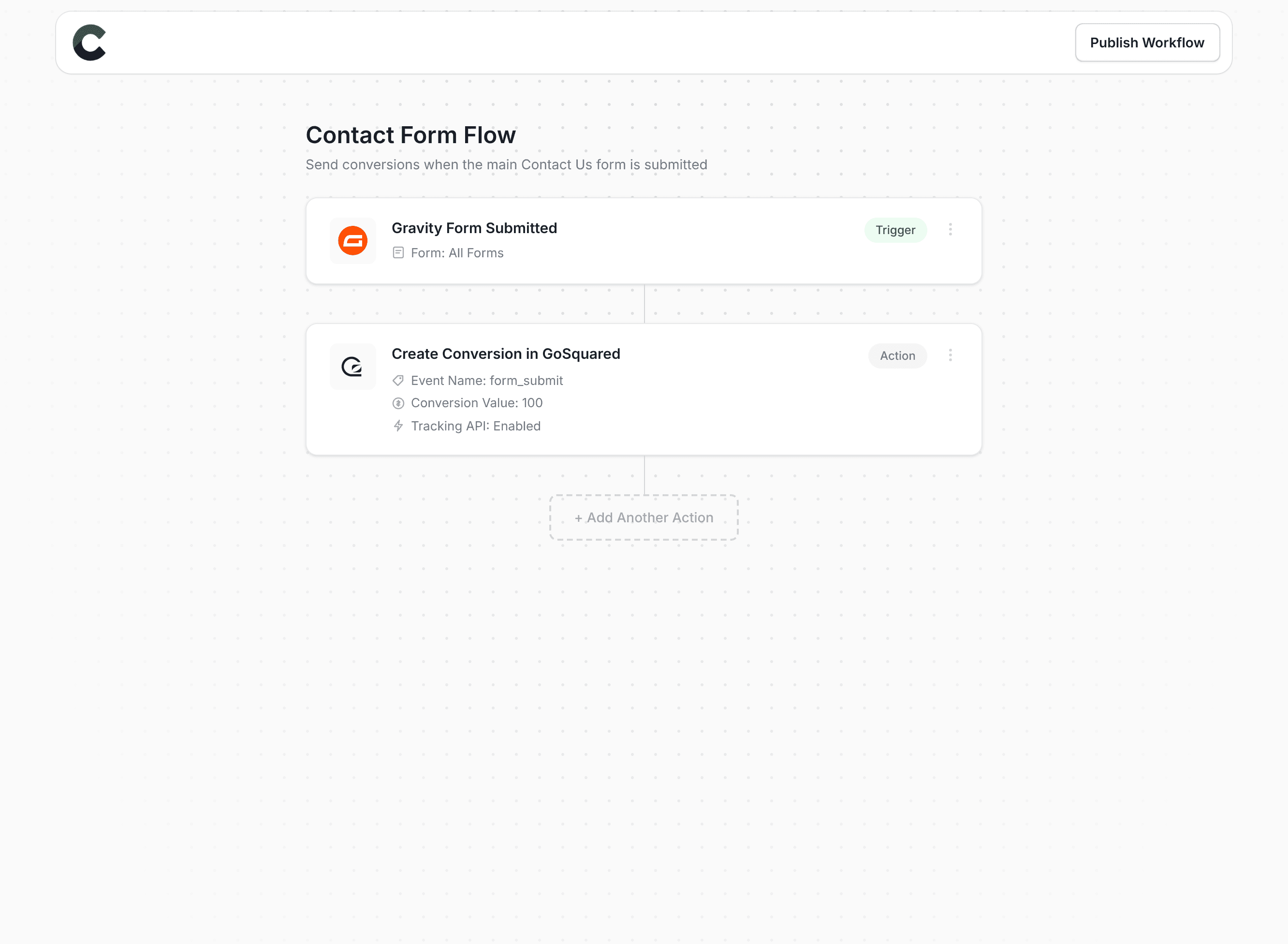 Converly workflow builder showing GoSquared integration