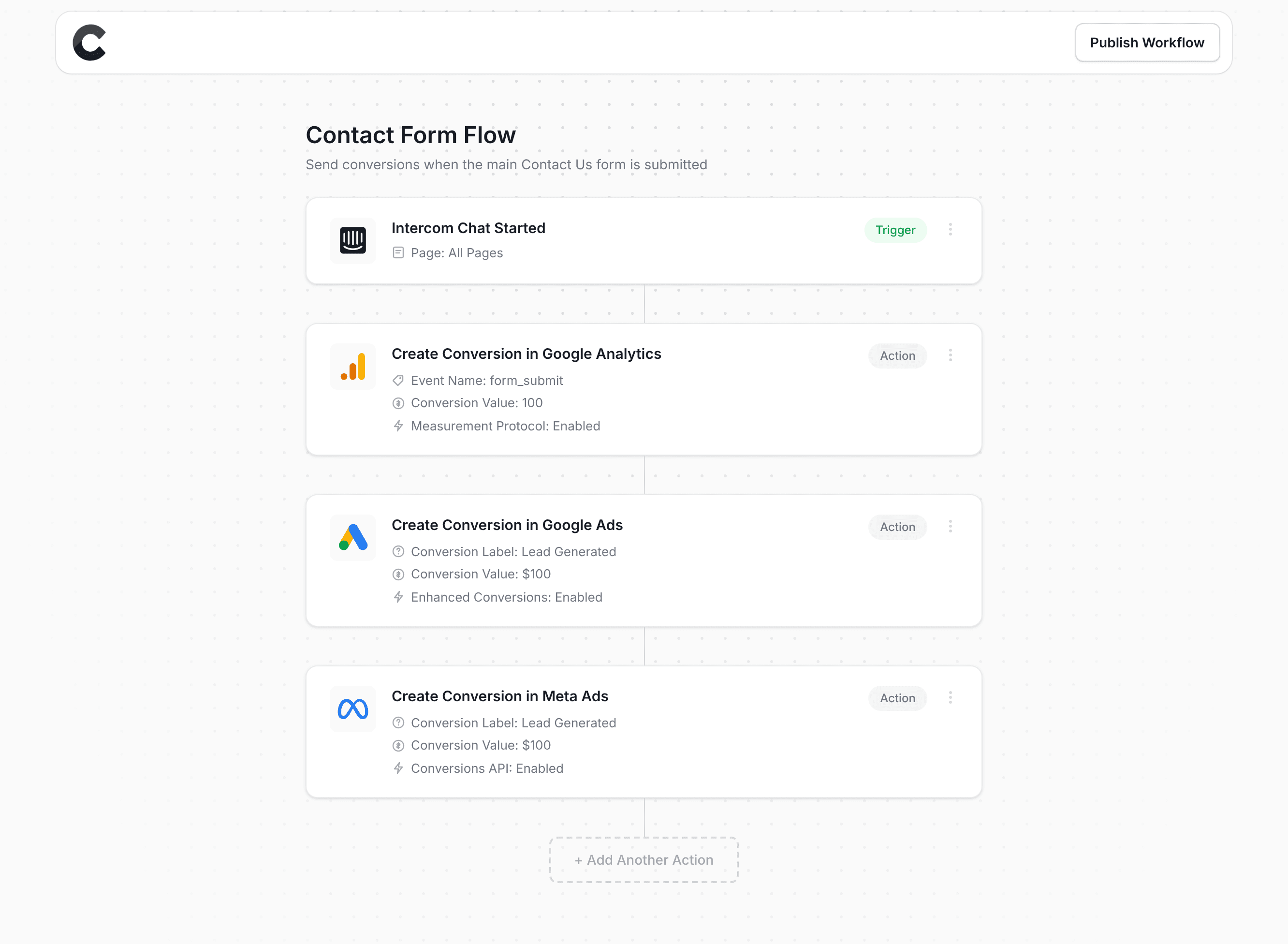 Converly workflow builder showing Intercom integration