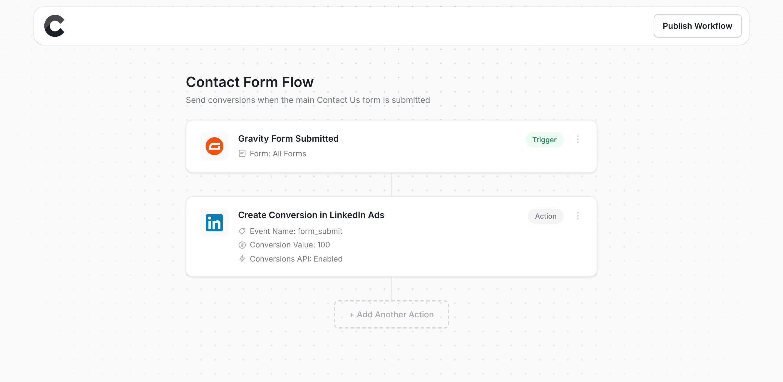 Converly workflow builder showing conversions being sent to LinkedIn Ads
