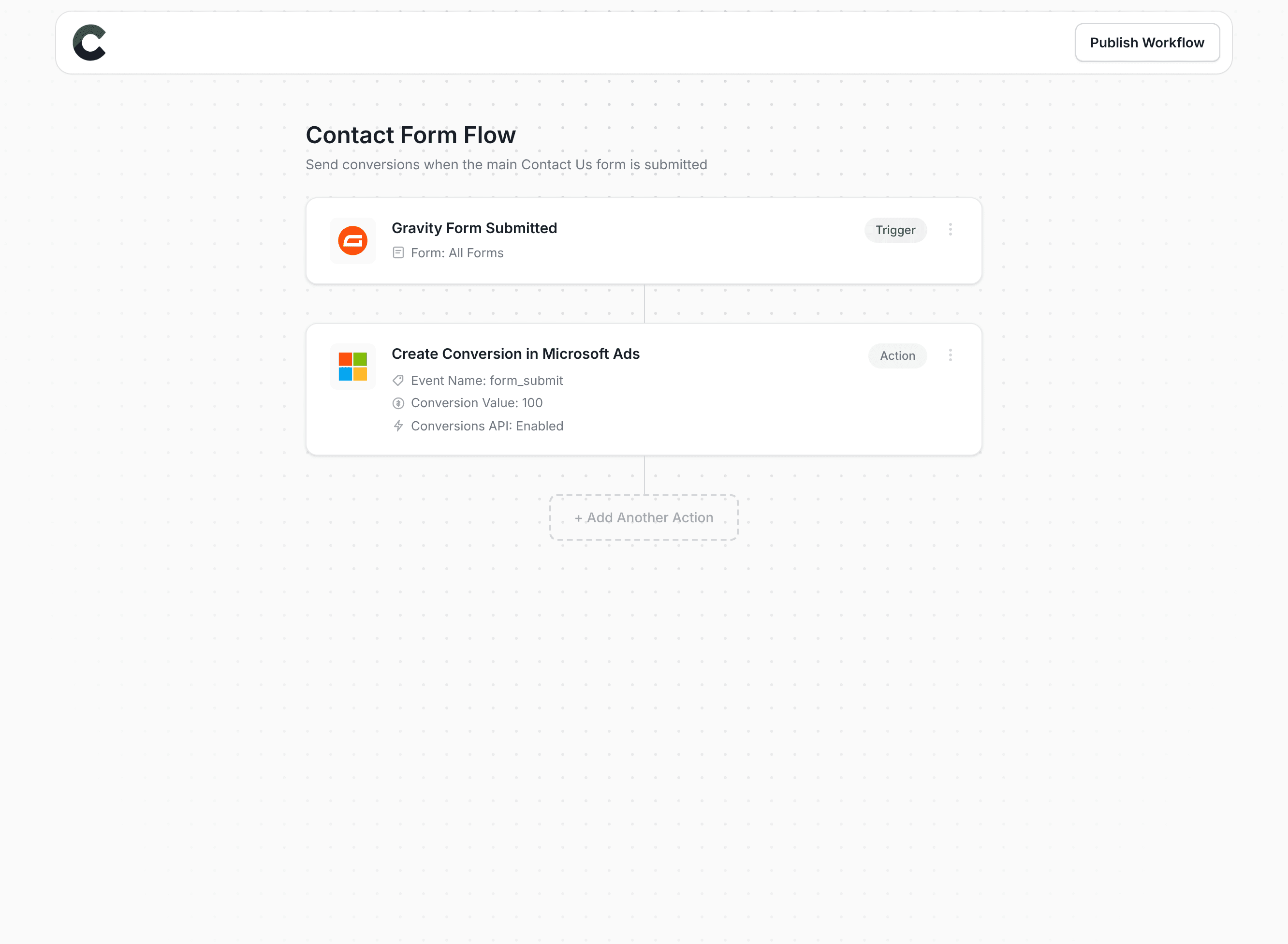 Converly workflow builder showing Microsoft Ads integration