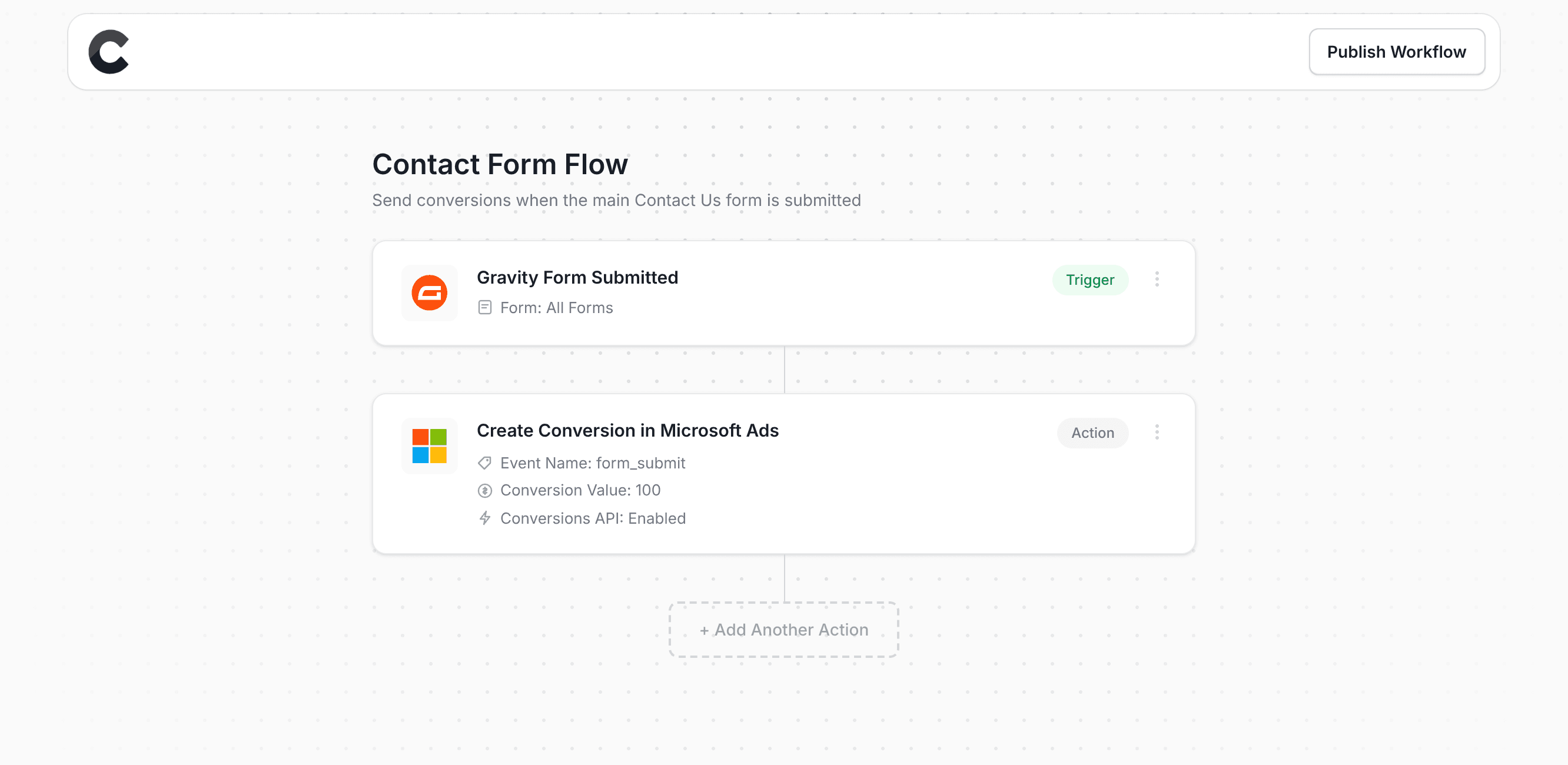 Converly workflow builder showing conversions being sent to Microsoft Ads