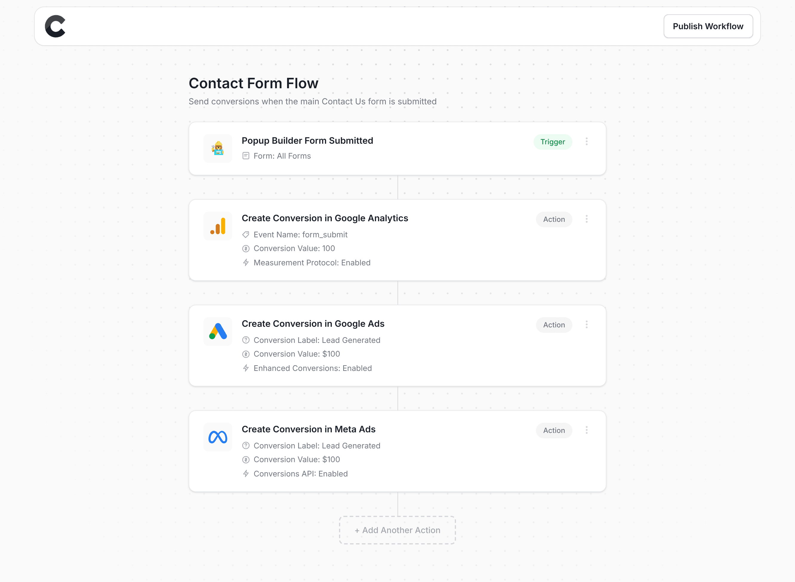Converly workflow builder showing Popup Builder integration