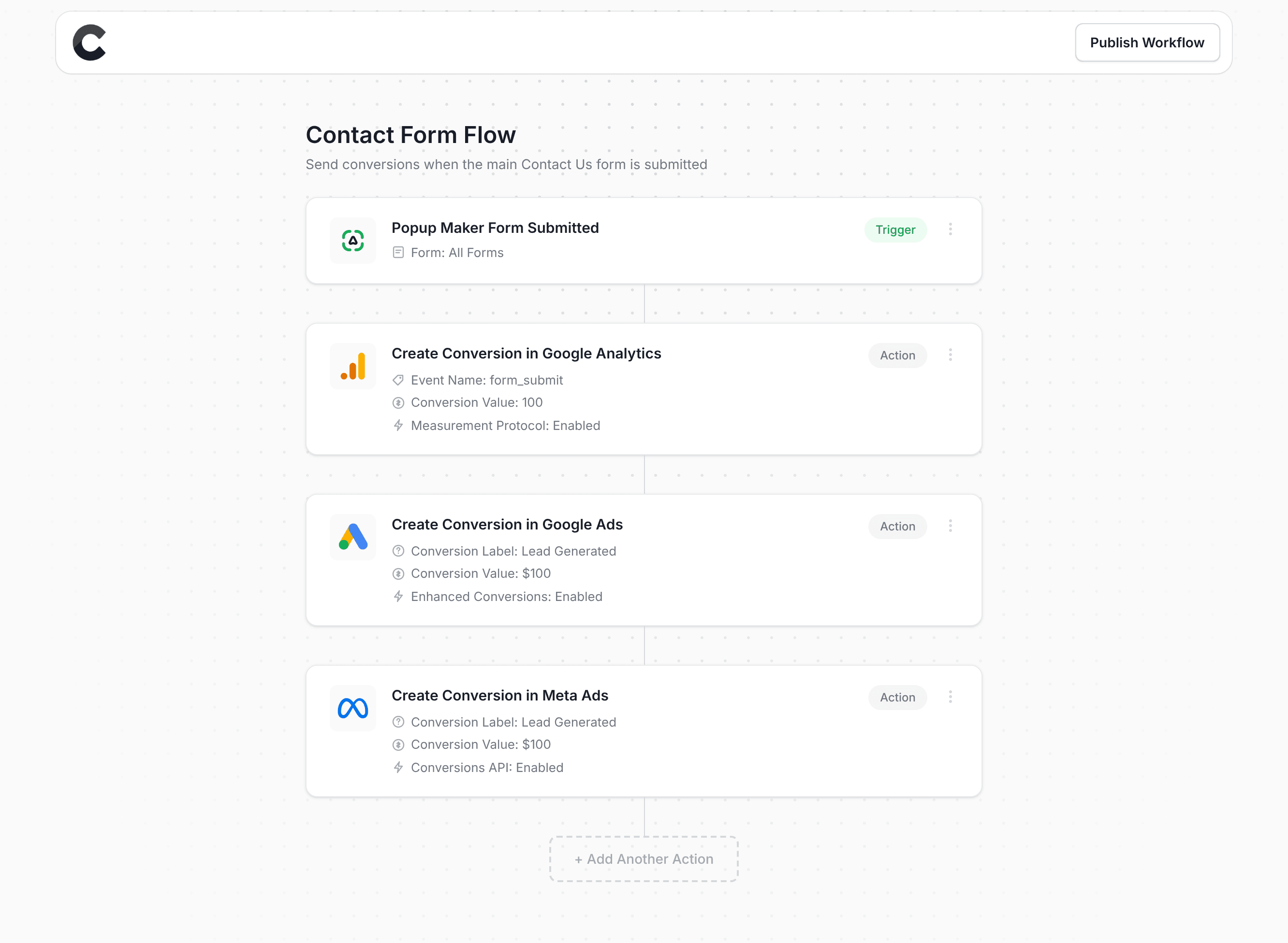 Converly workflow builder showing Popup Maker integration
