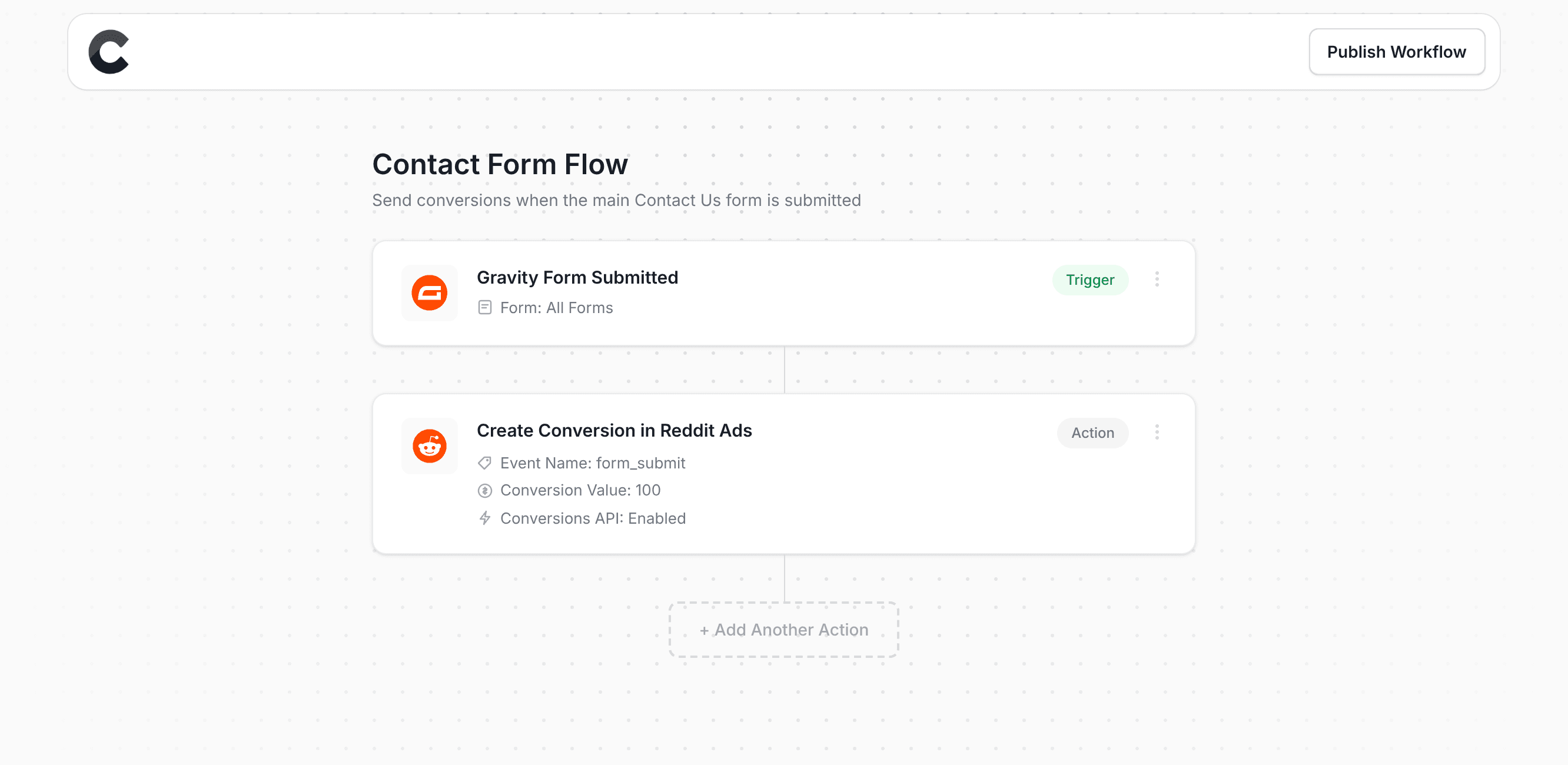 Converly workflow builder showing conversions being sent to Reddit Ads