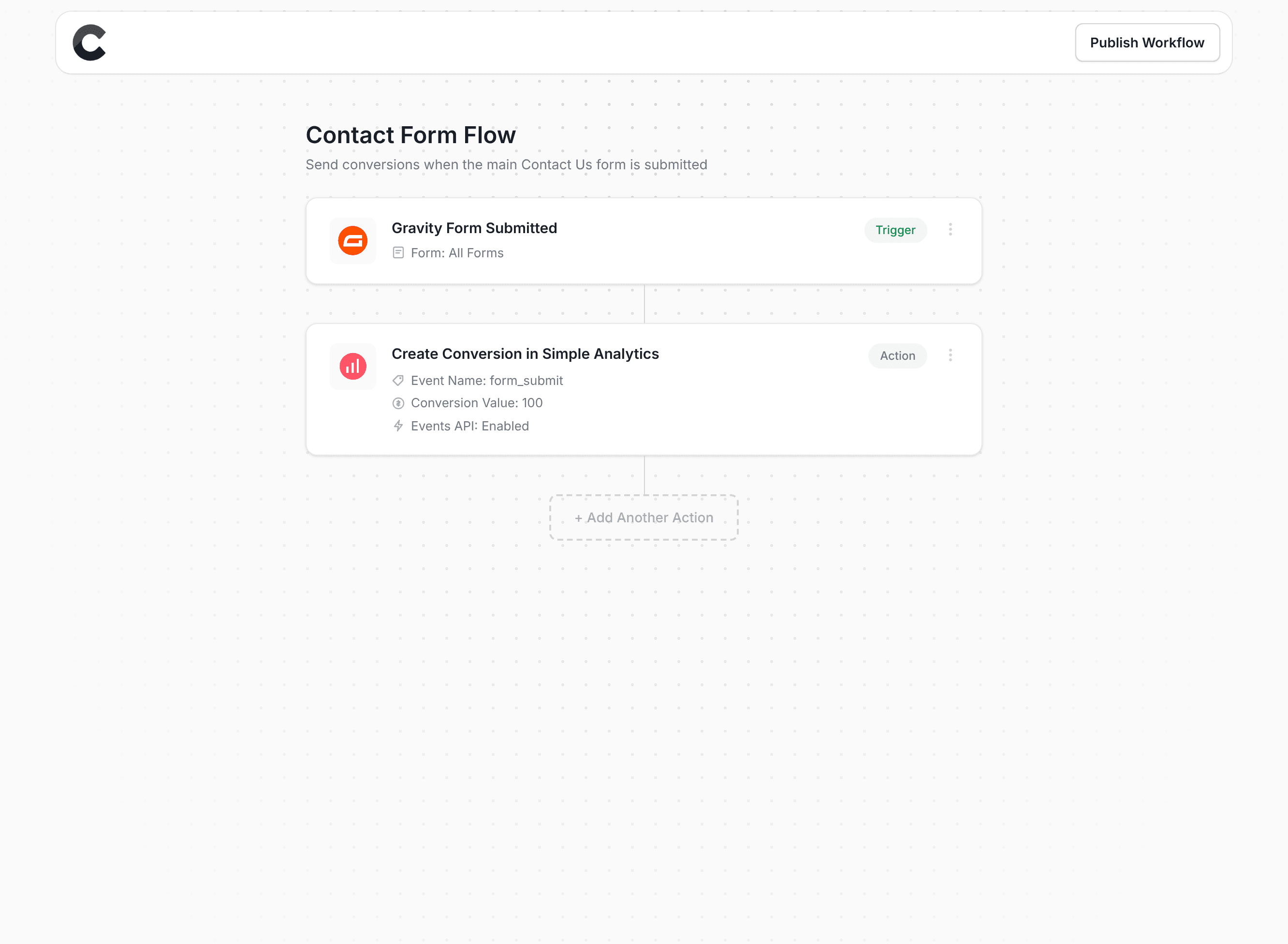 Converly workflow builder showing Simple Analytics integration