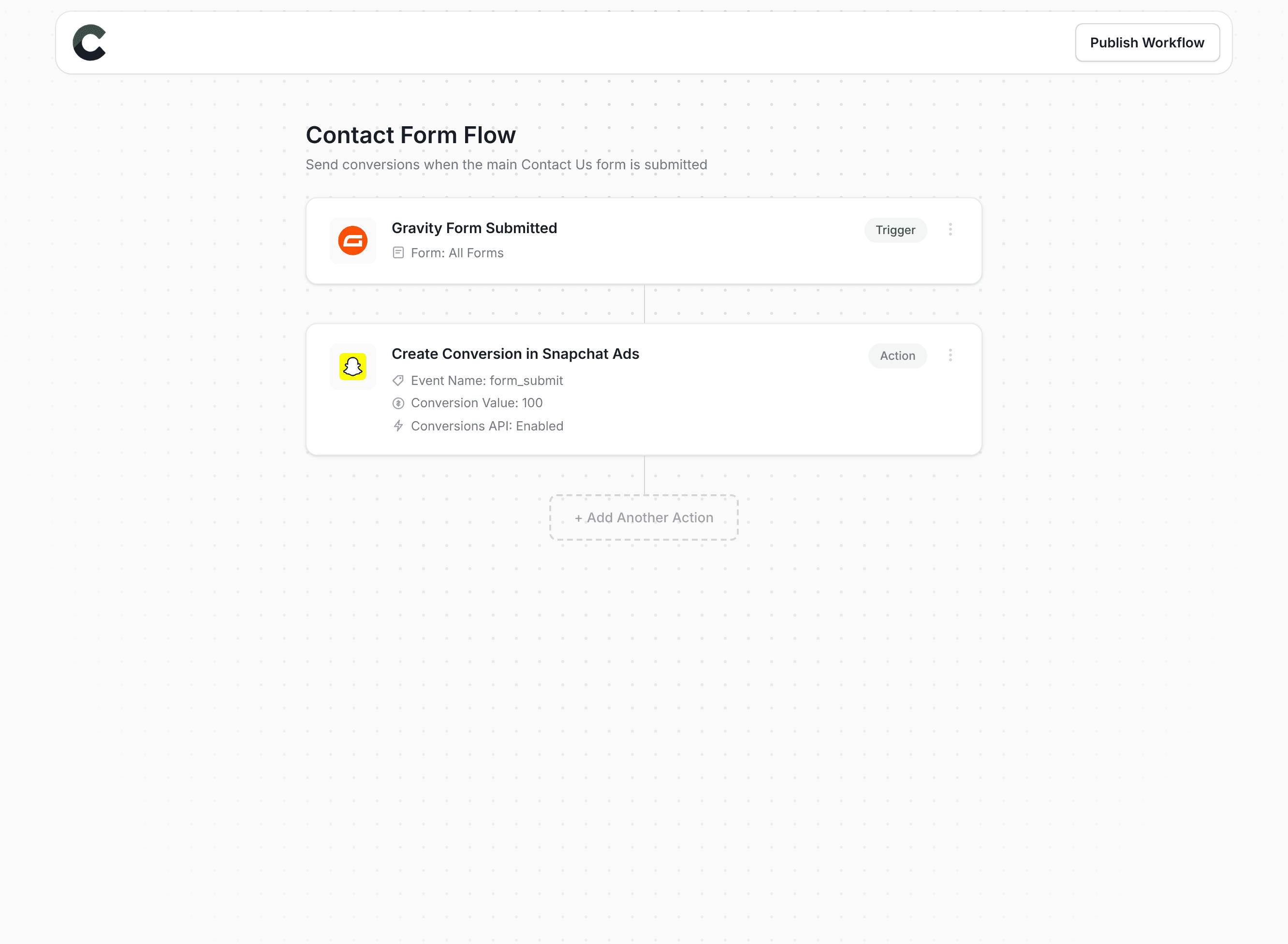 Converly workflow builder showing Snapchat Ads integration