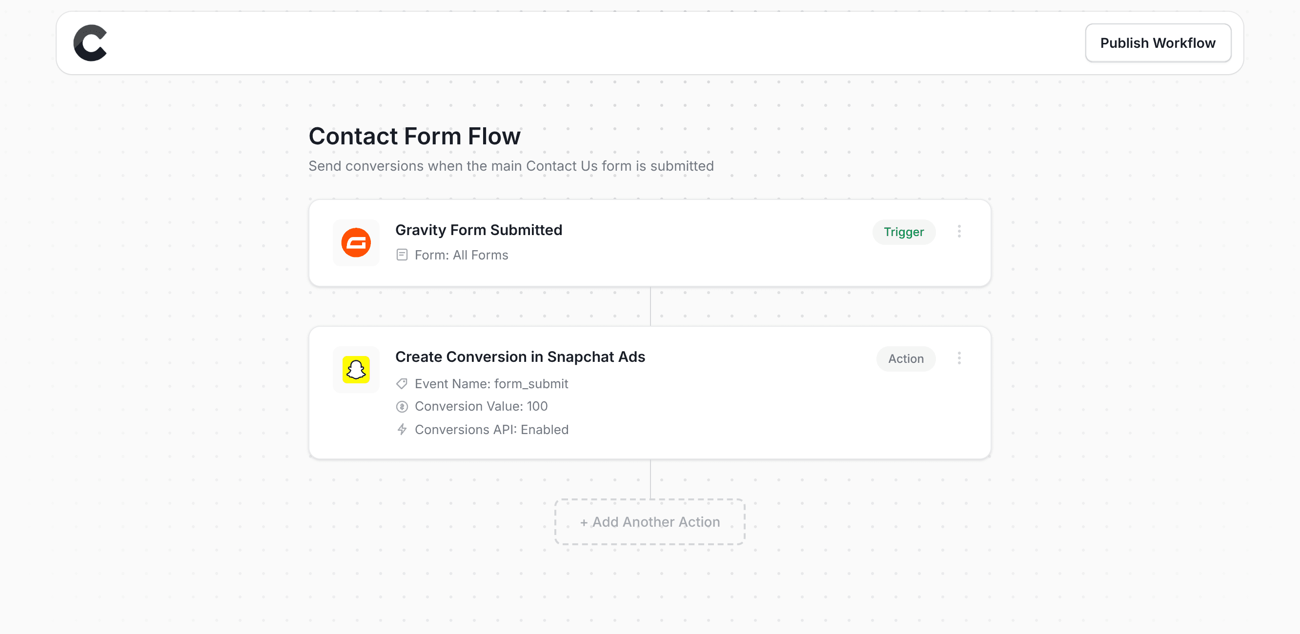 Converly workflow builder showing conversions being sent to Snapchat Ads