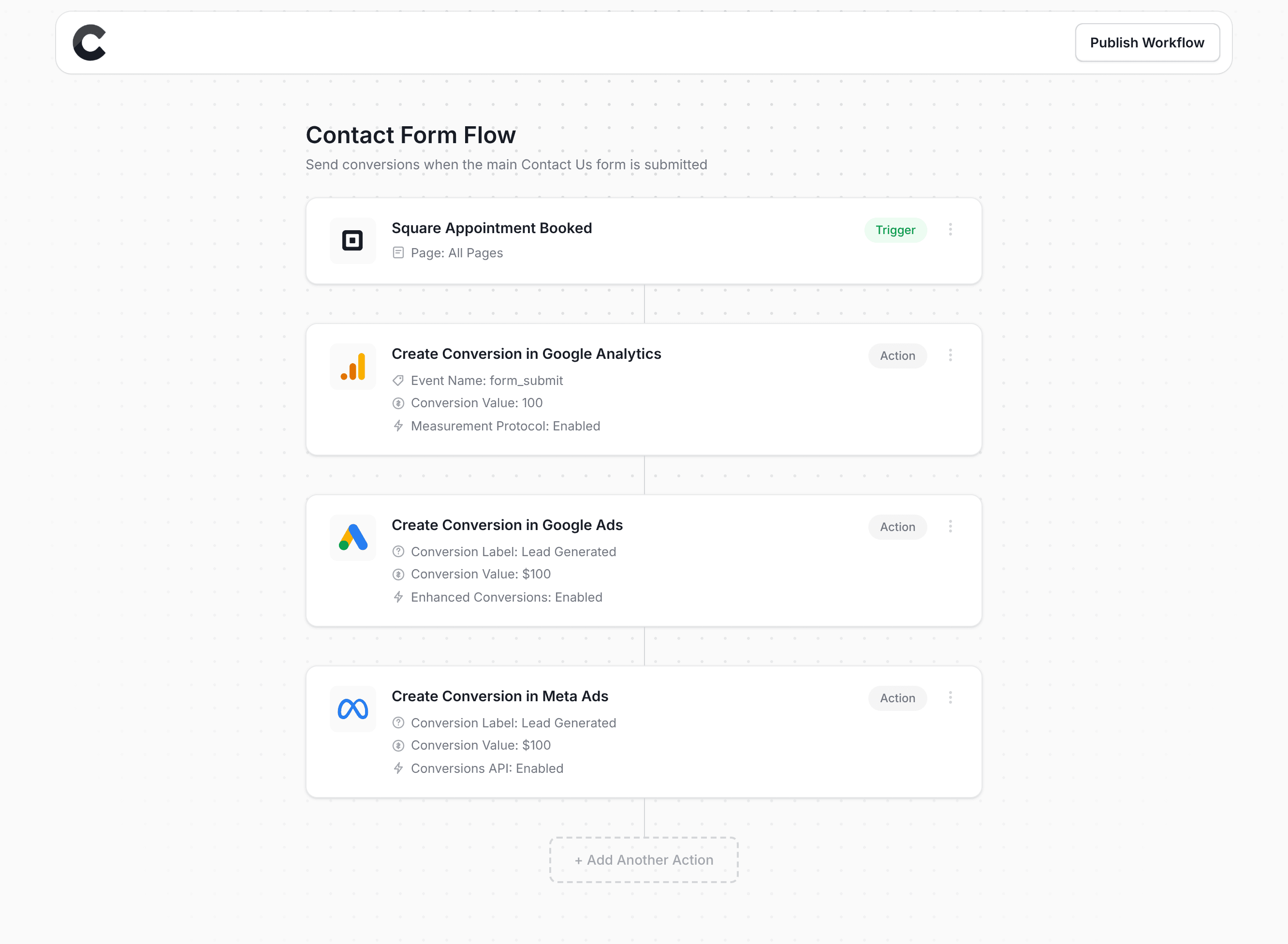 Converly workflow builder showing Square Appointments integration