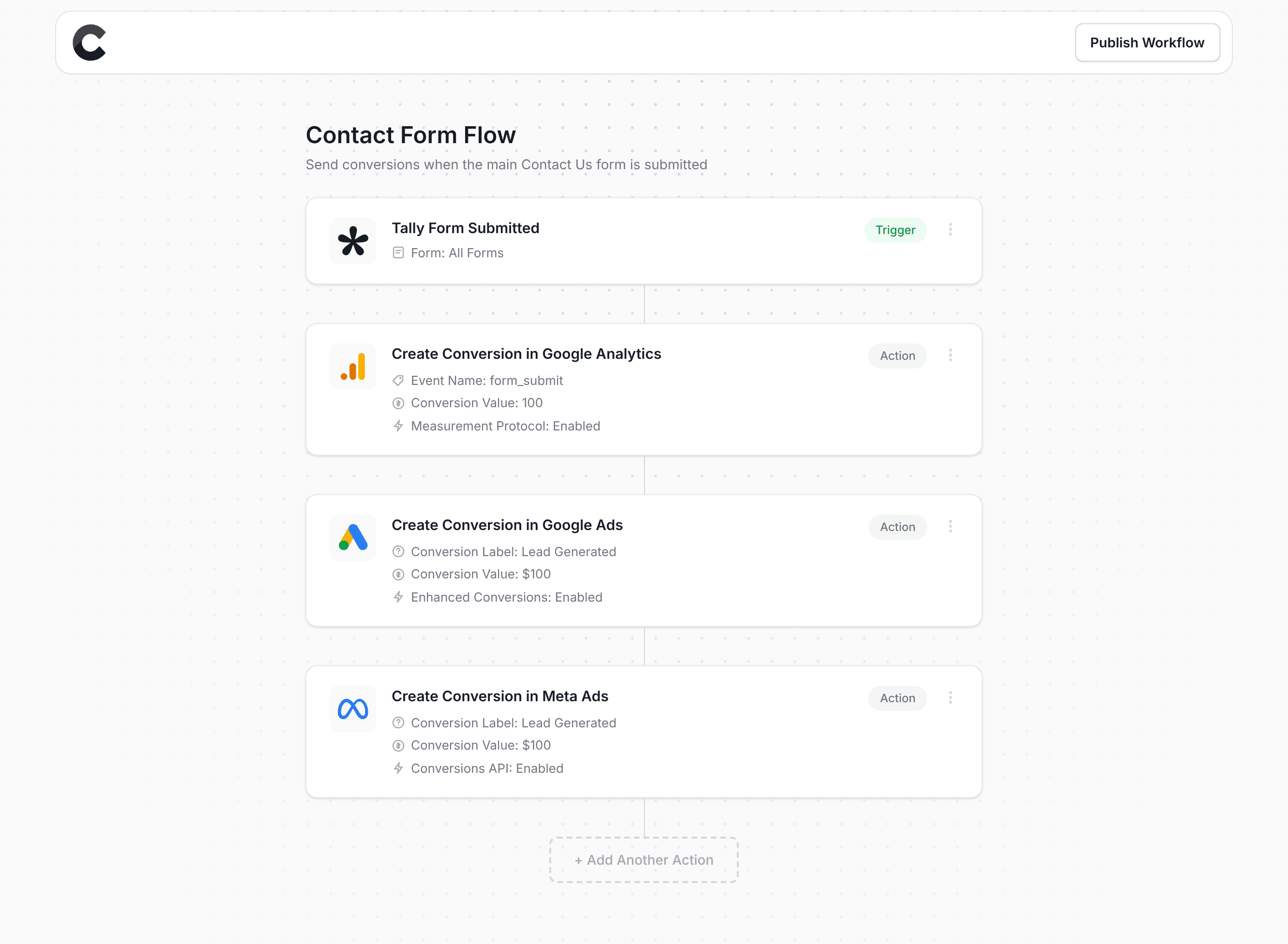 Converly workflow builder showing Tally Forms integration