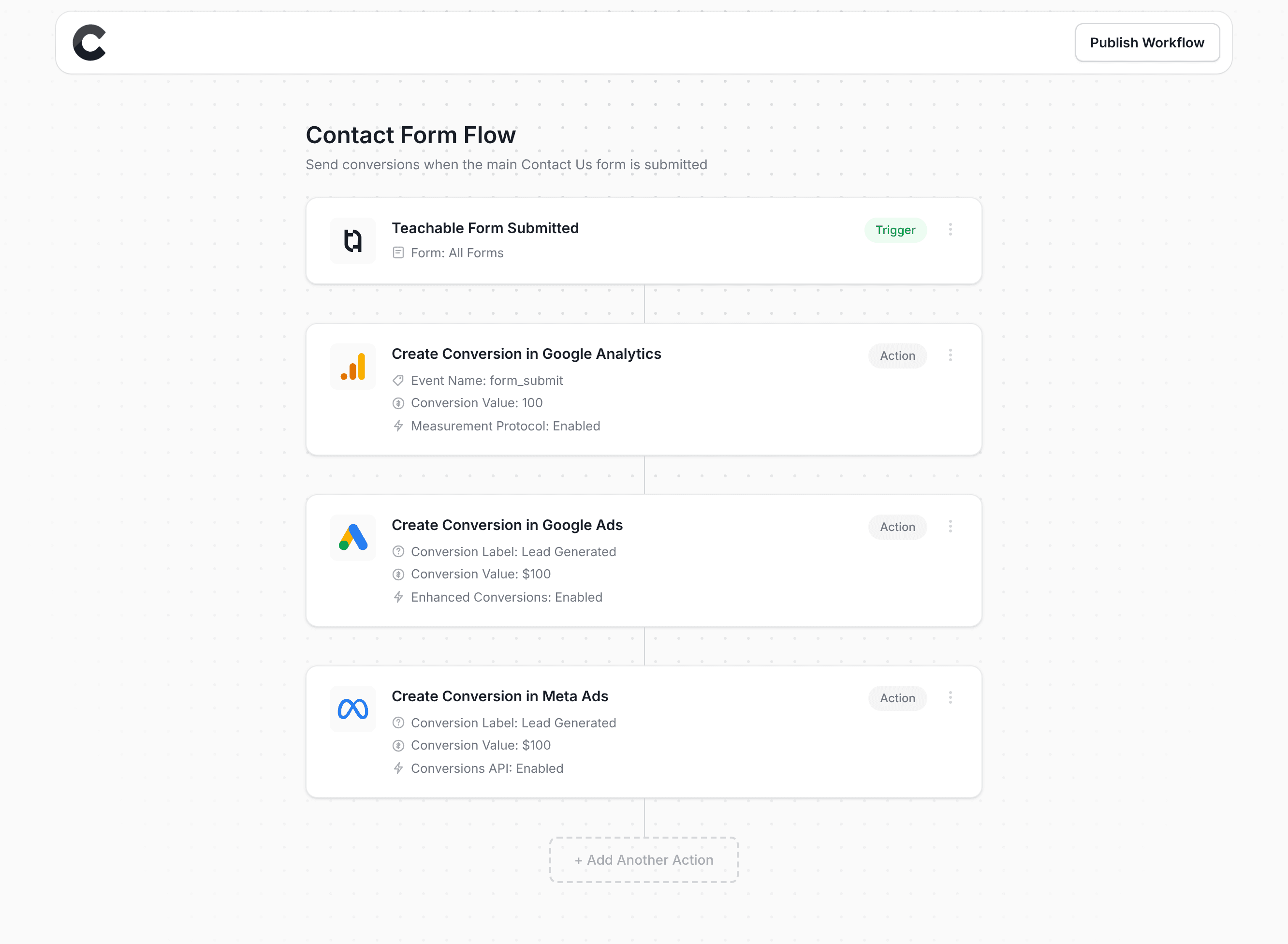 Converly workflow builder showing Teachable integration