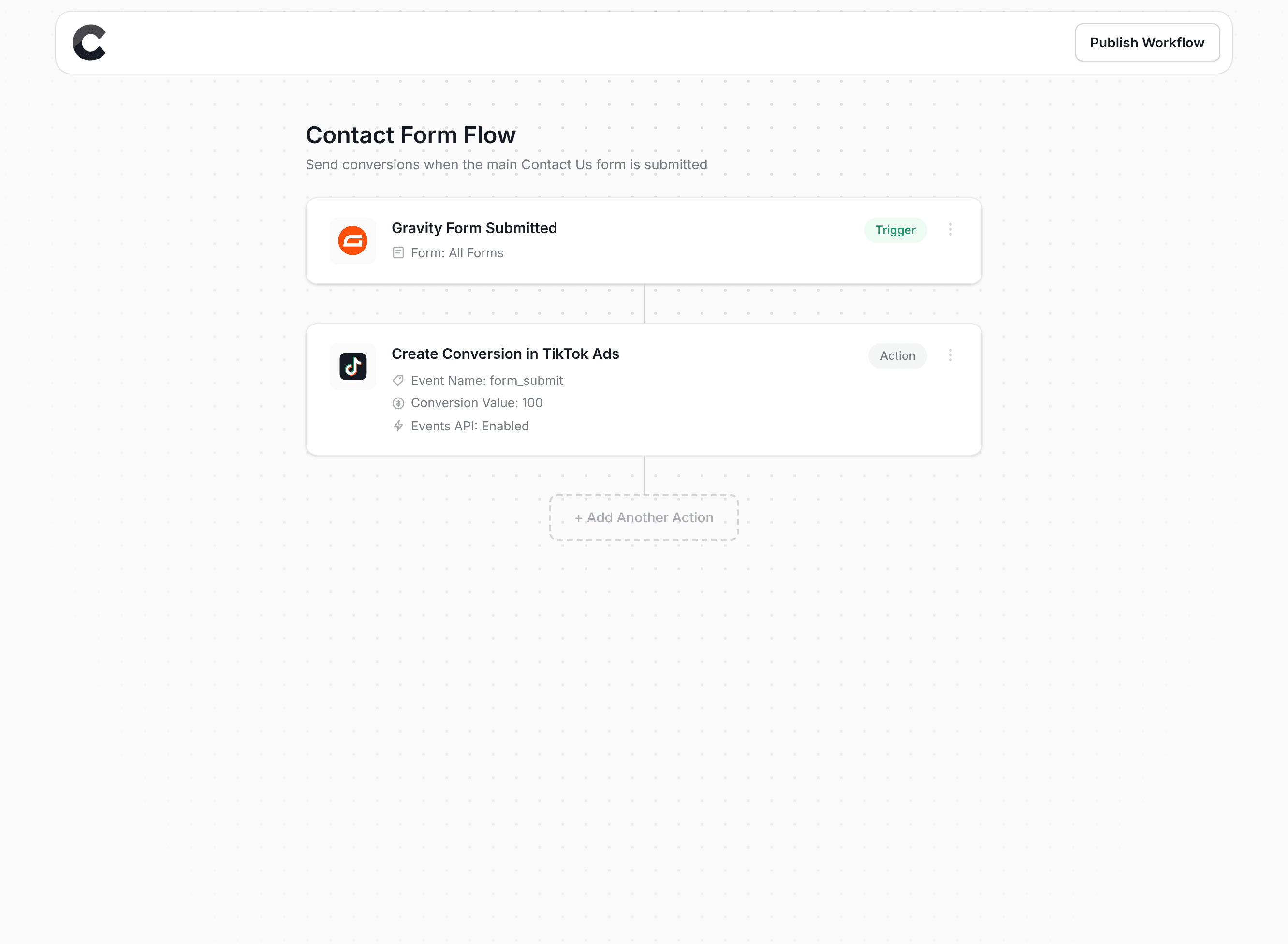 Converly workflow builder showing TikTok Ads integration