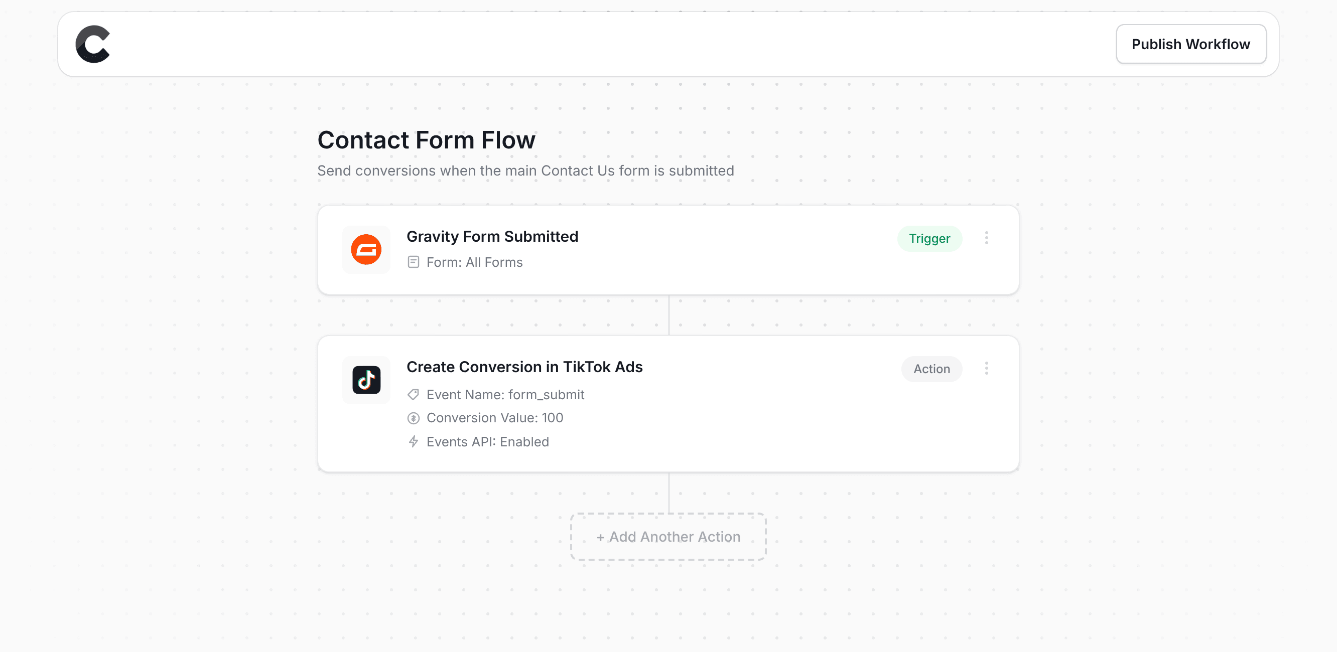 Converly workflow builder showing conversions being sent to TikTok Ads