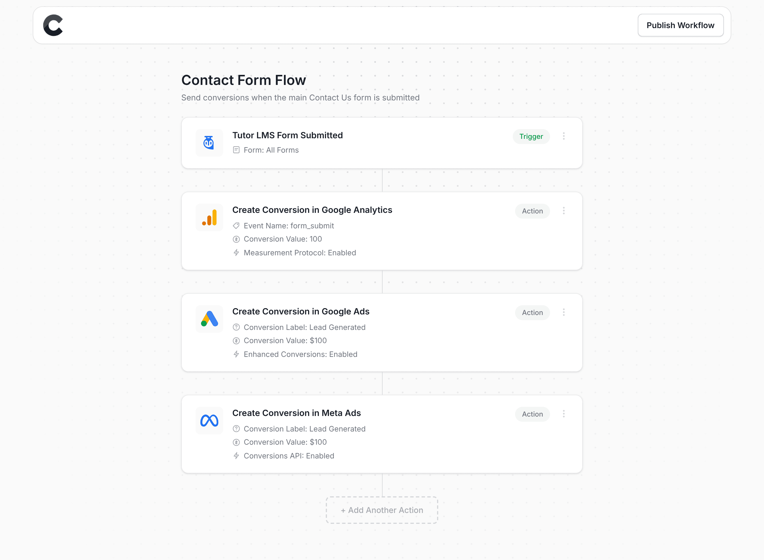 Converly workflow builder showing Tutor LMS integration