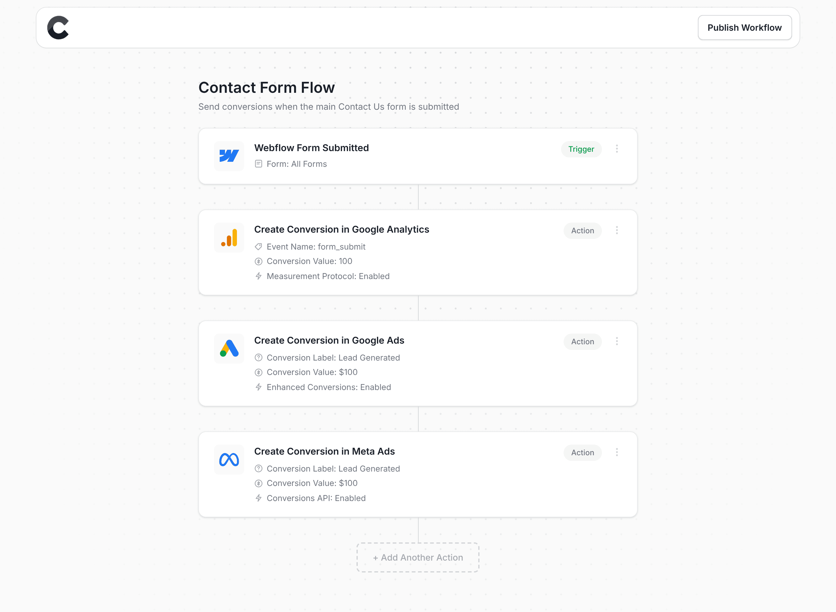 Converly workflow builder showing Webflow integration