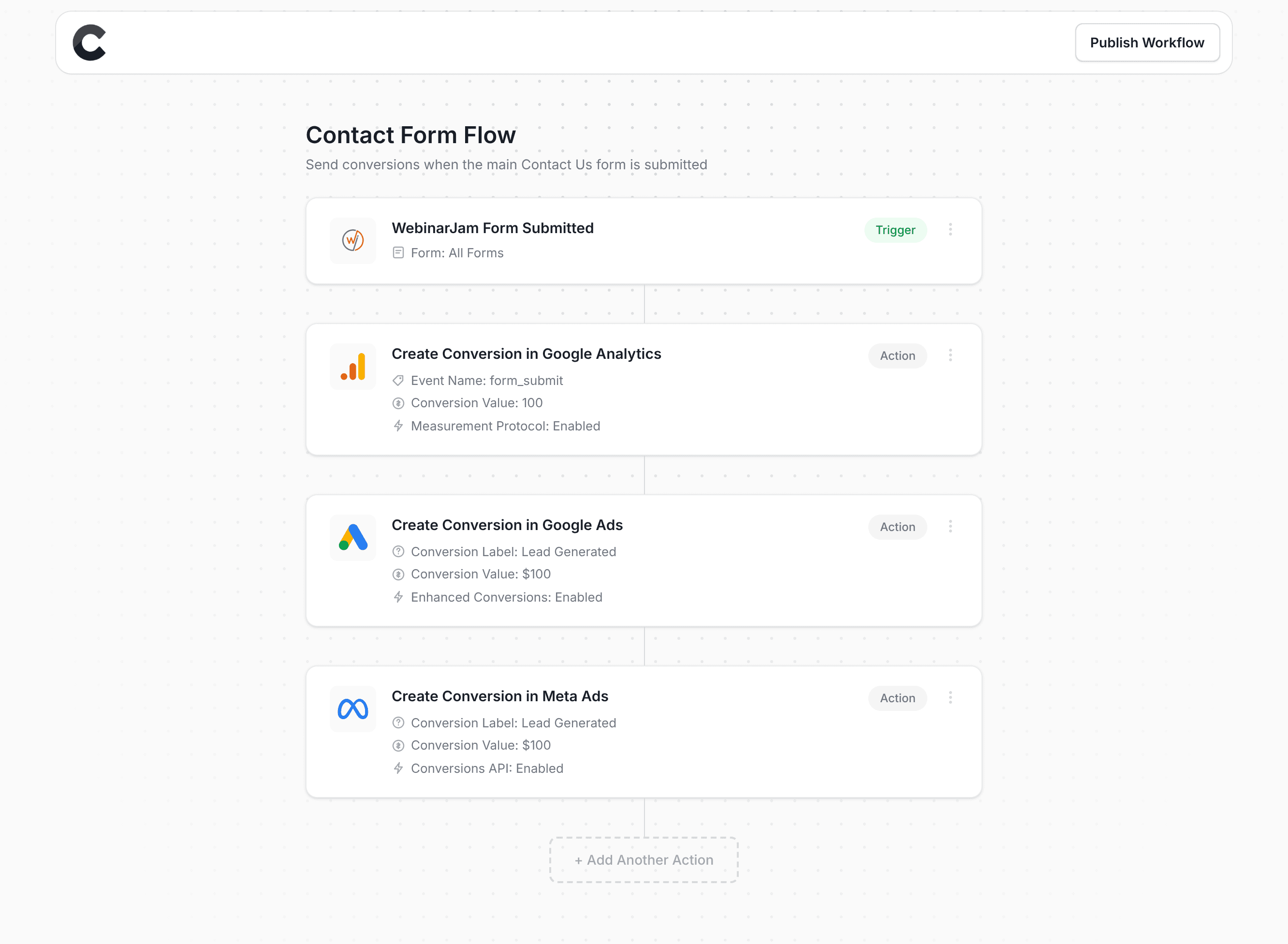 Converly workflow builder showing WebinarJam integration