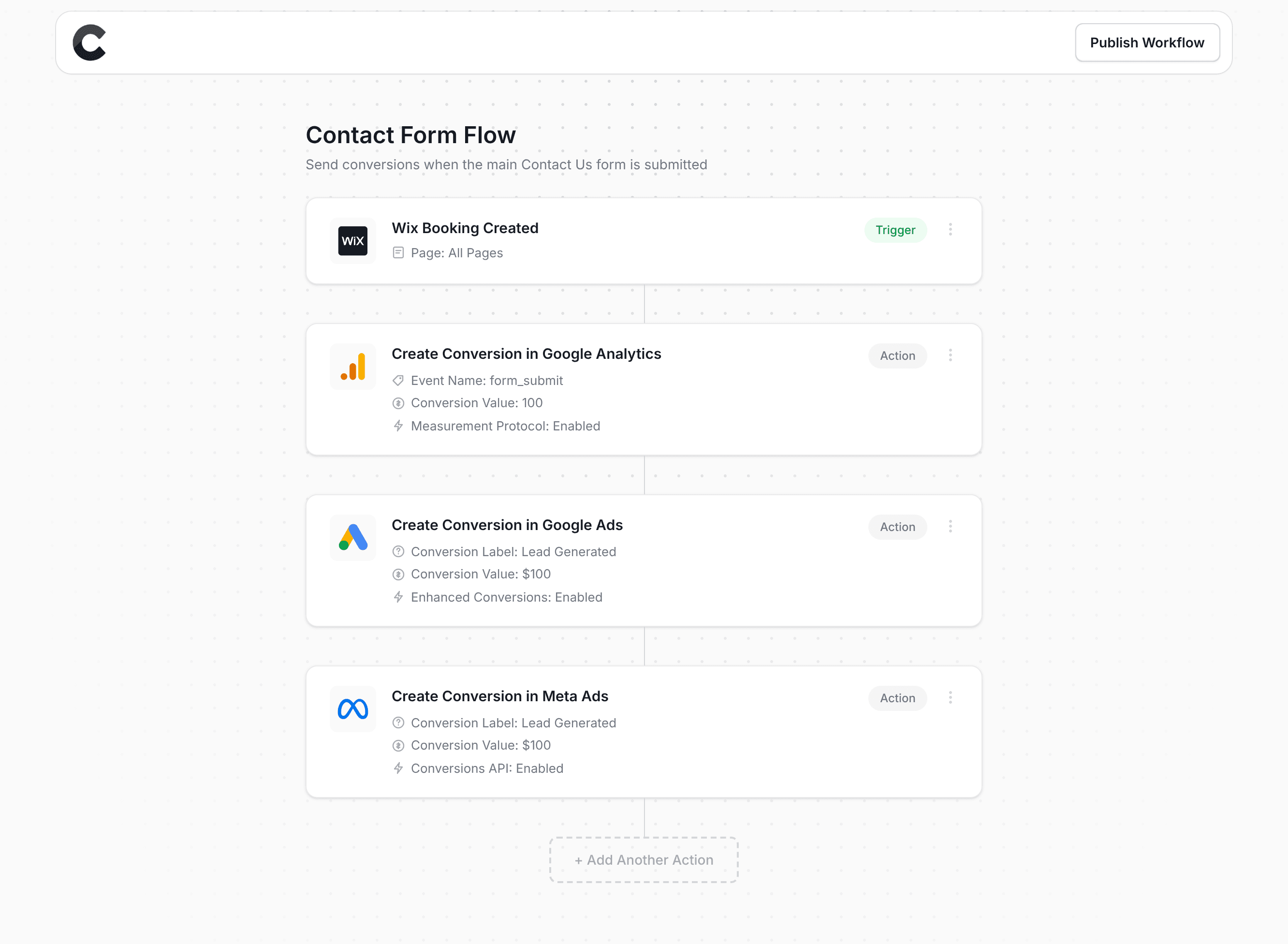 Converly workflow builder showing Wix Bookings integration