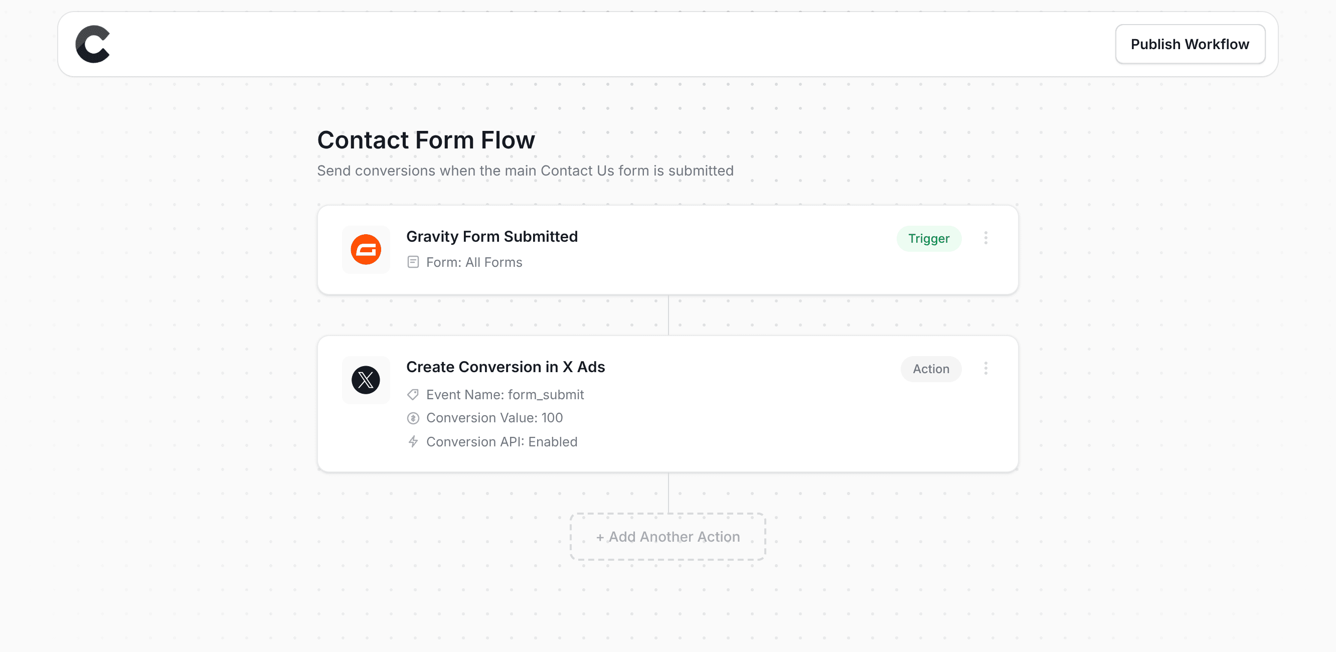Converly workflow builder showing conversions being sent to X Ads
