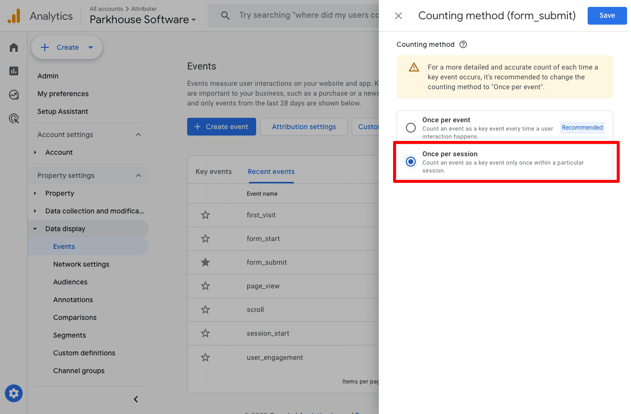 Set Key Event counting to Once Per Session