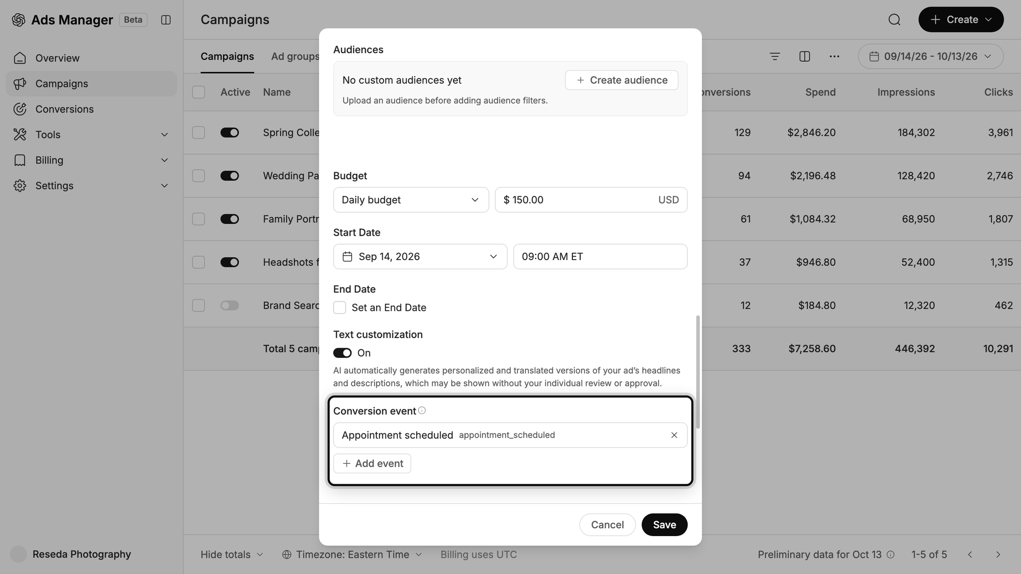 Choosing the conversion event a campaign optimizes for in ChatGPT Ads Manager
